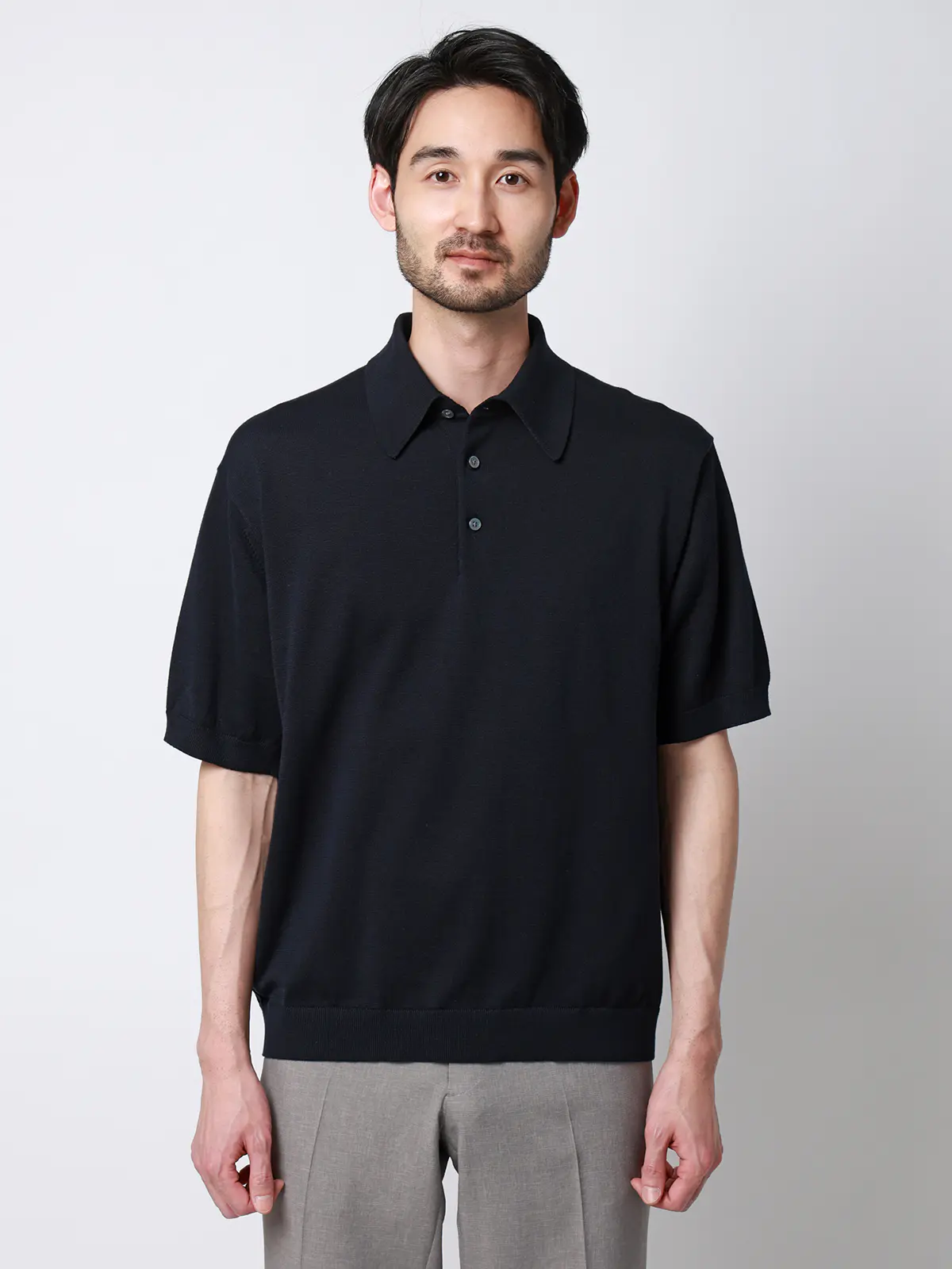 ニットポロシャツ／半袖／ウォッシャブル／強撚コットンアクリル天竺／無地 ネイビー S