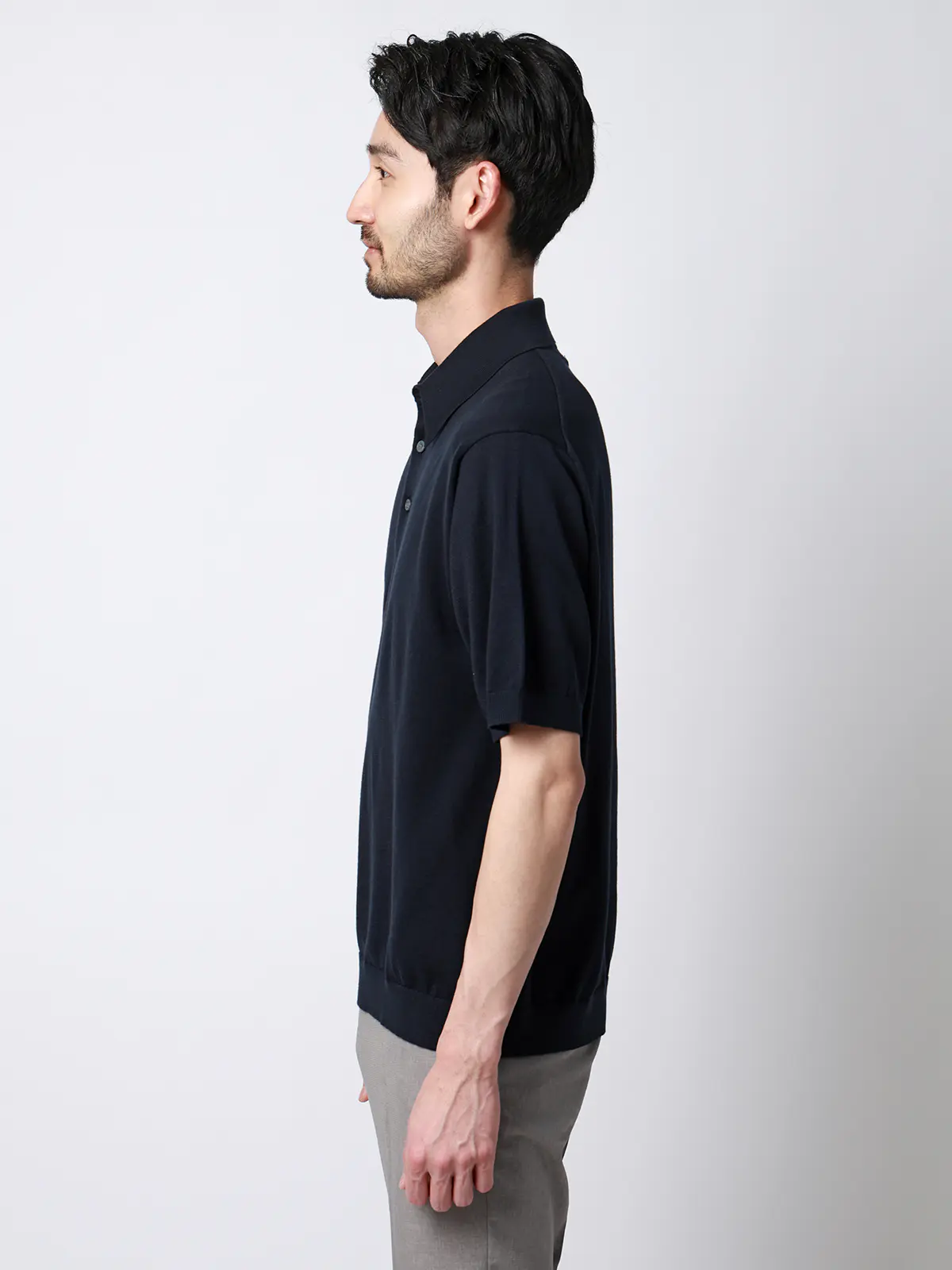 ニットポロシャツ／半袖／ウォッシャブル／強撚コットンアクリル天竺／無地 ネイビー S