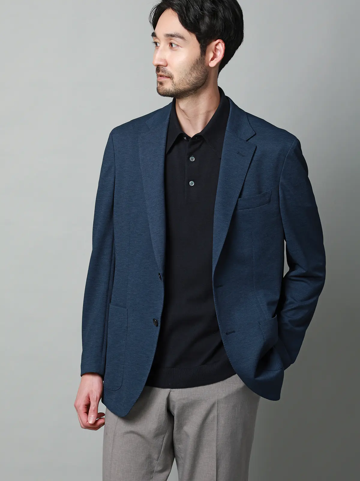 ニットポロシャツ／半袖／ウォッシャブル／強撚コットンアクリル天竺／無地 ネイビー S