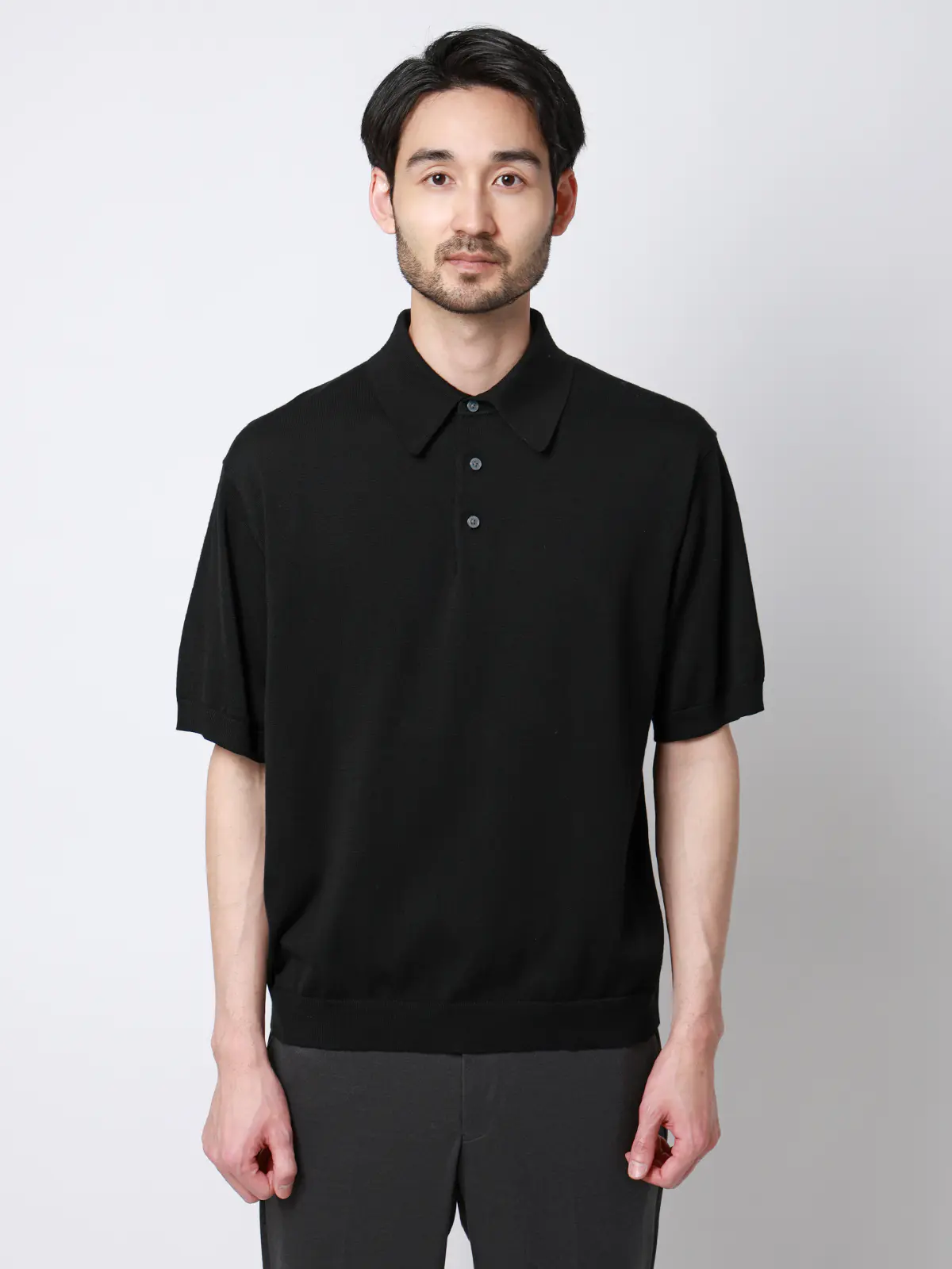 ニットポロシャツ／半袖／ウォッシャブル／強撚コットンアクリル天竺／無地 ブラック S