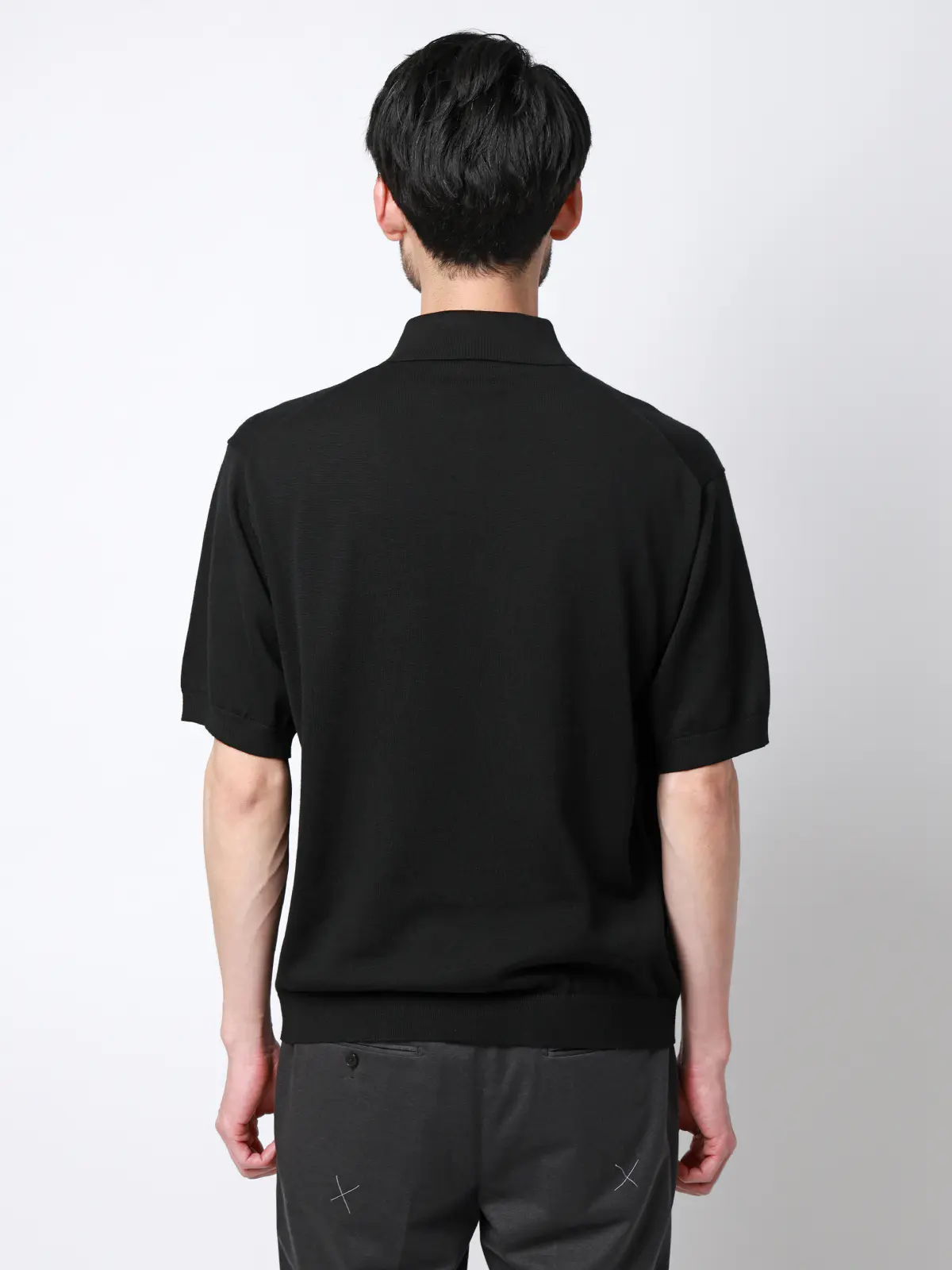 ニットポロシャツ／半袖／ウォッシャブル／強撚コットンアクリル天竺／無地 ブラック S