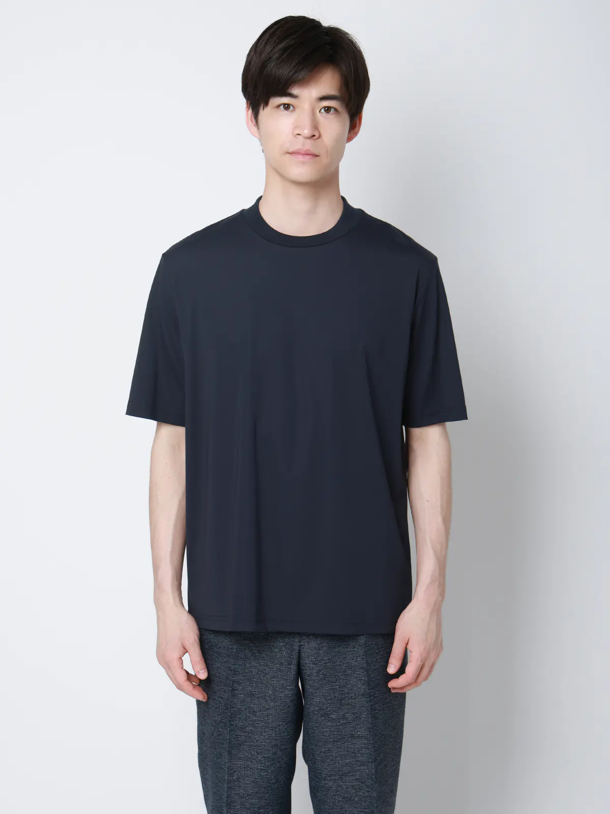 冷たいオフィT/Tシャツ/半袖/ウォッシャブル/接触冷感/UVカット/アイス鹿の子/無地 ネイビー S
