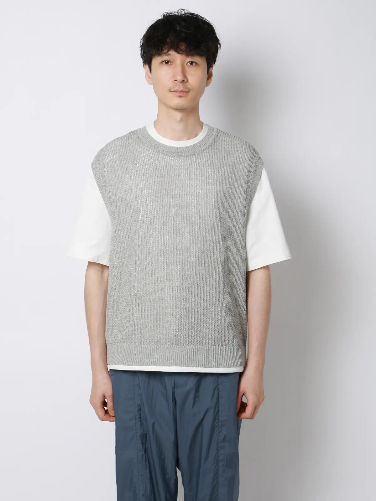 FLAT／シアーサマーニットベスト／ウォッシャブル／ペーパーニット／無地 ライトグレー M