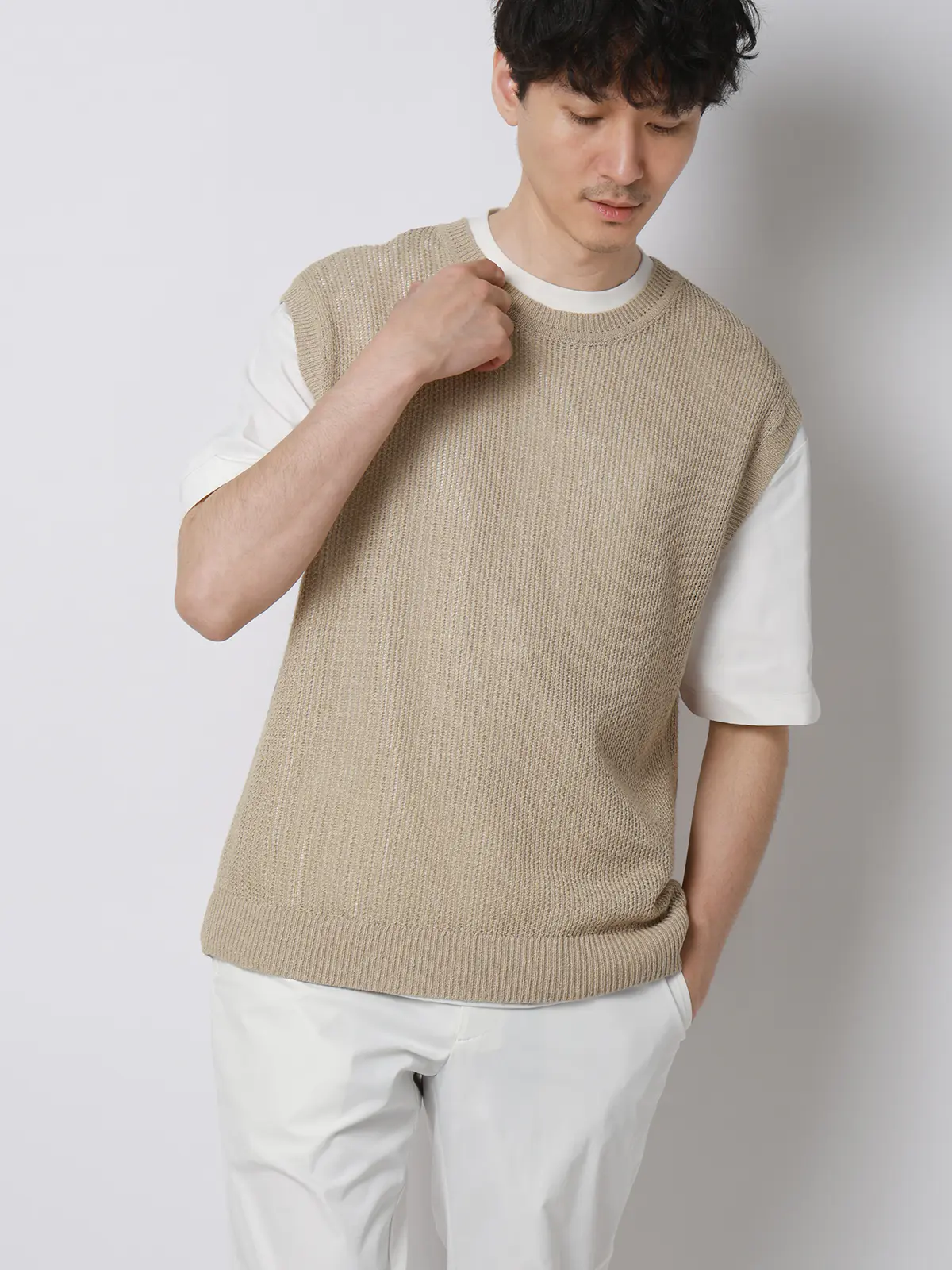 FLAT／シアーサマーニットベスト／ウォッシャブル／ペーパーニット／無地 ベージュ M