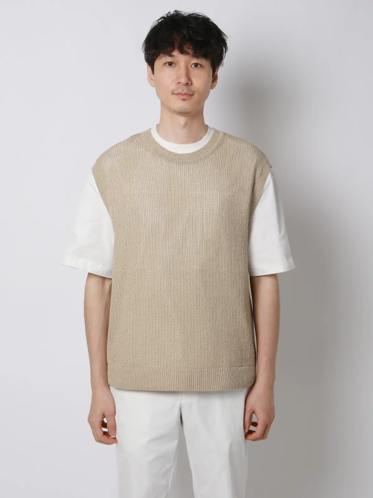 FLAT／シアーサマーニットベスト／ウォッシャブル／ペーパーニット／無地 ベージュ M