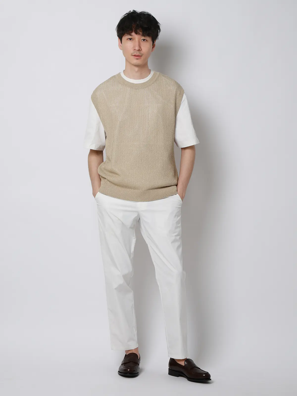 FLAT／シアーサマーニットベスト／ウォッシャブル／ペーパーニット／無地 ベージュ M