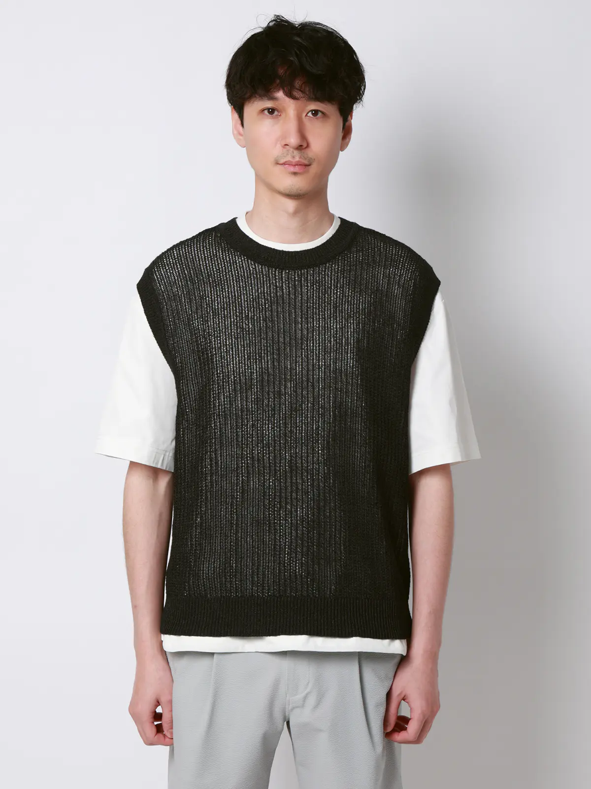 FLAT／シアーサマーニットベスト／ウォッシャブル／ペーパーニット／無地 ブラック M