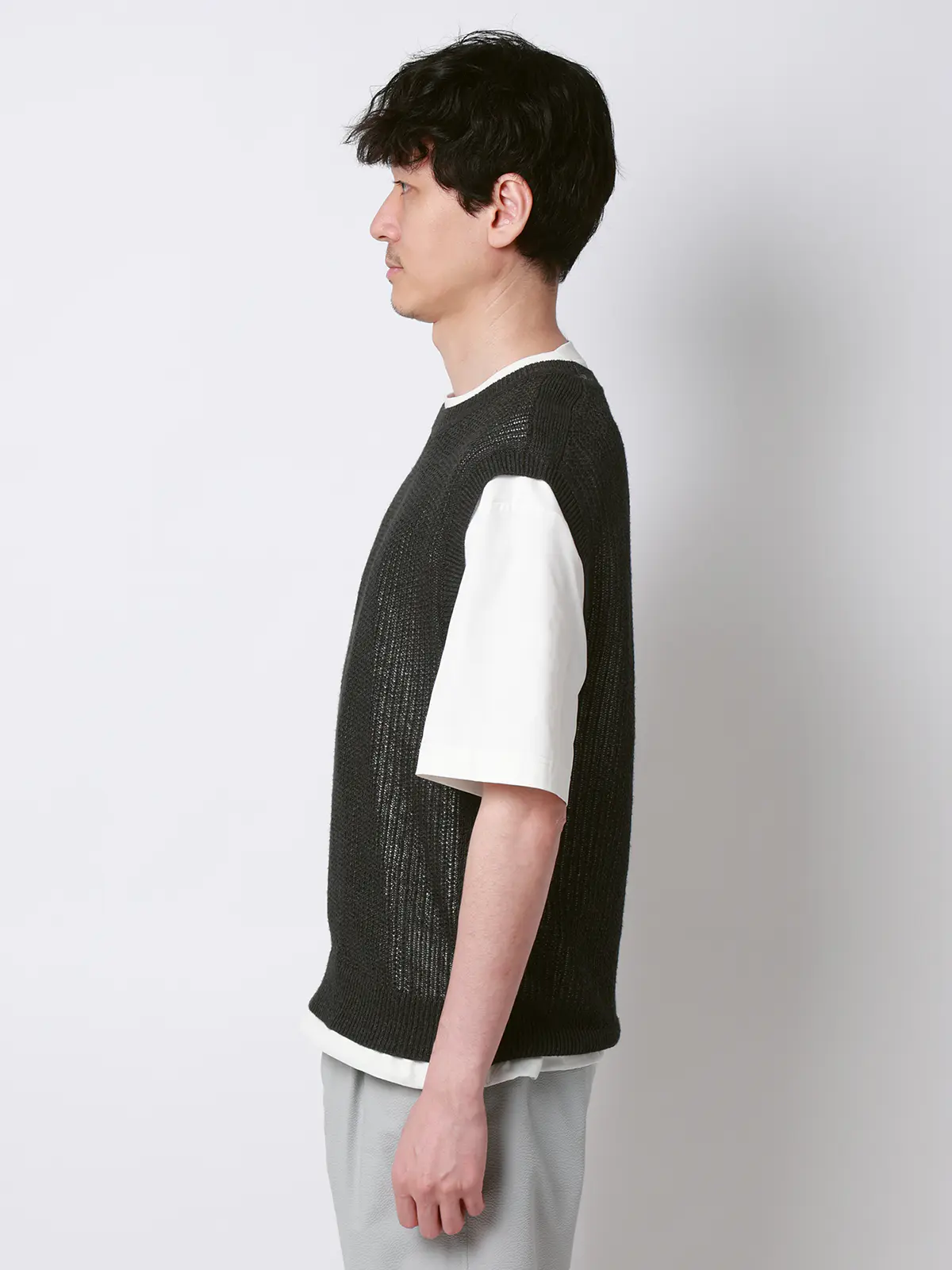 FLAT／シアーサマーニットベスト／ウォッシャブル／ペーパーニット／無地 ブラック M