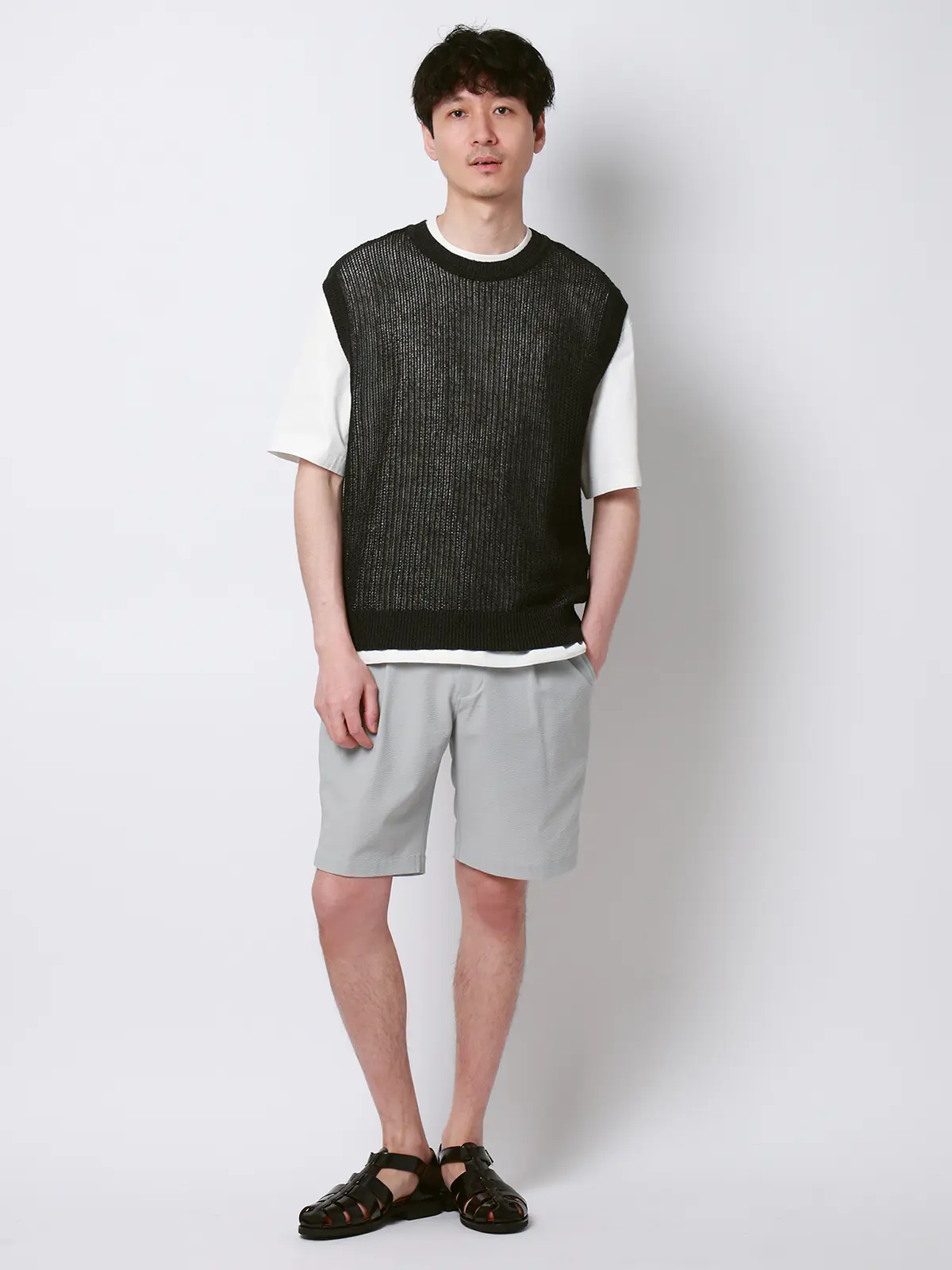 FLAT／シアーサマーニットベスト／ウォッシャブル／ペーパーニット／無地 ブラック M