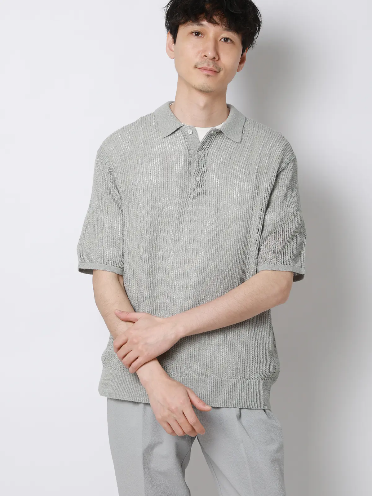 FLAT／シアーサマーニットポロ／半袖／ウォッシャブル／ペーパーニット／無地 ライトグレー S