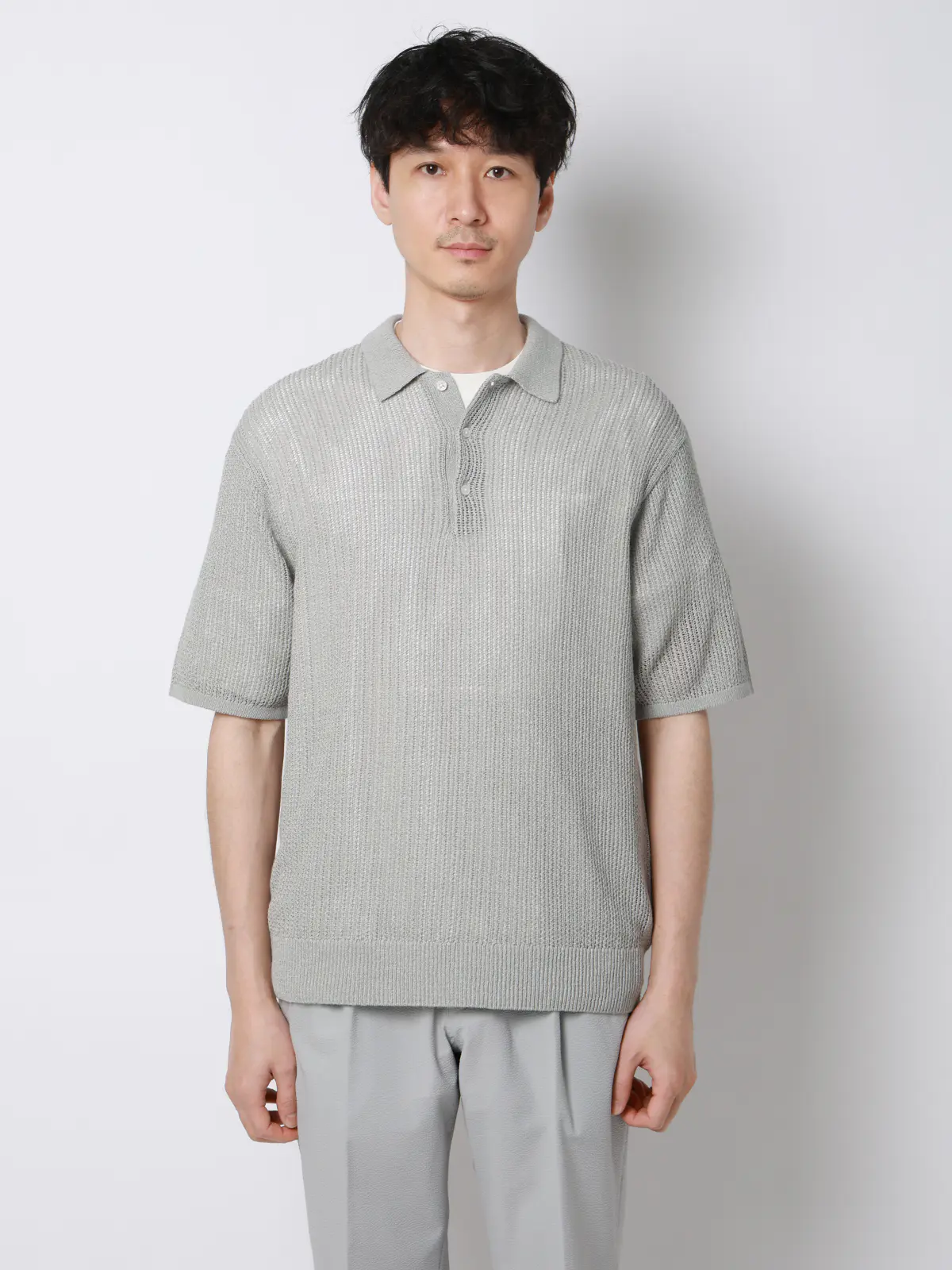 FLAT／シアーサマーニットポロ／半袖／ウォッシャブル／ペーパーニット／無地 ライトグレー S