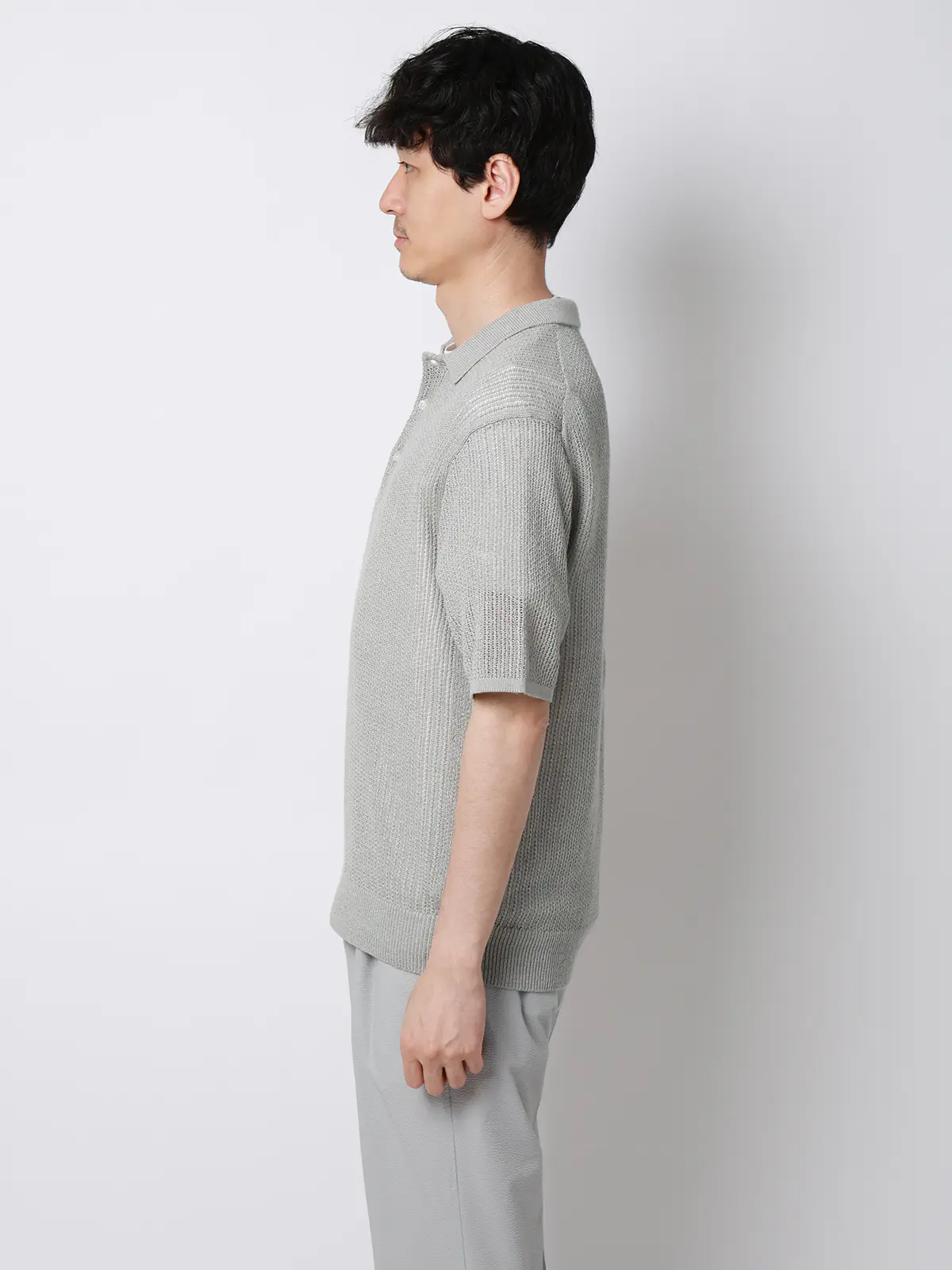 FLAT／シアーサマーニットポロ／半袖／ウォッシャブル／ペーパーニット／無地 ライトグレー S