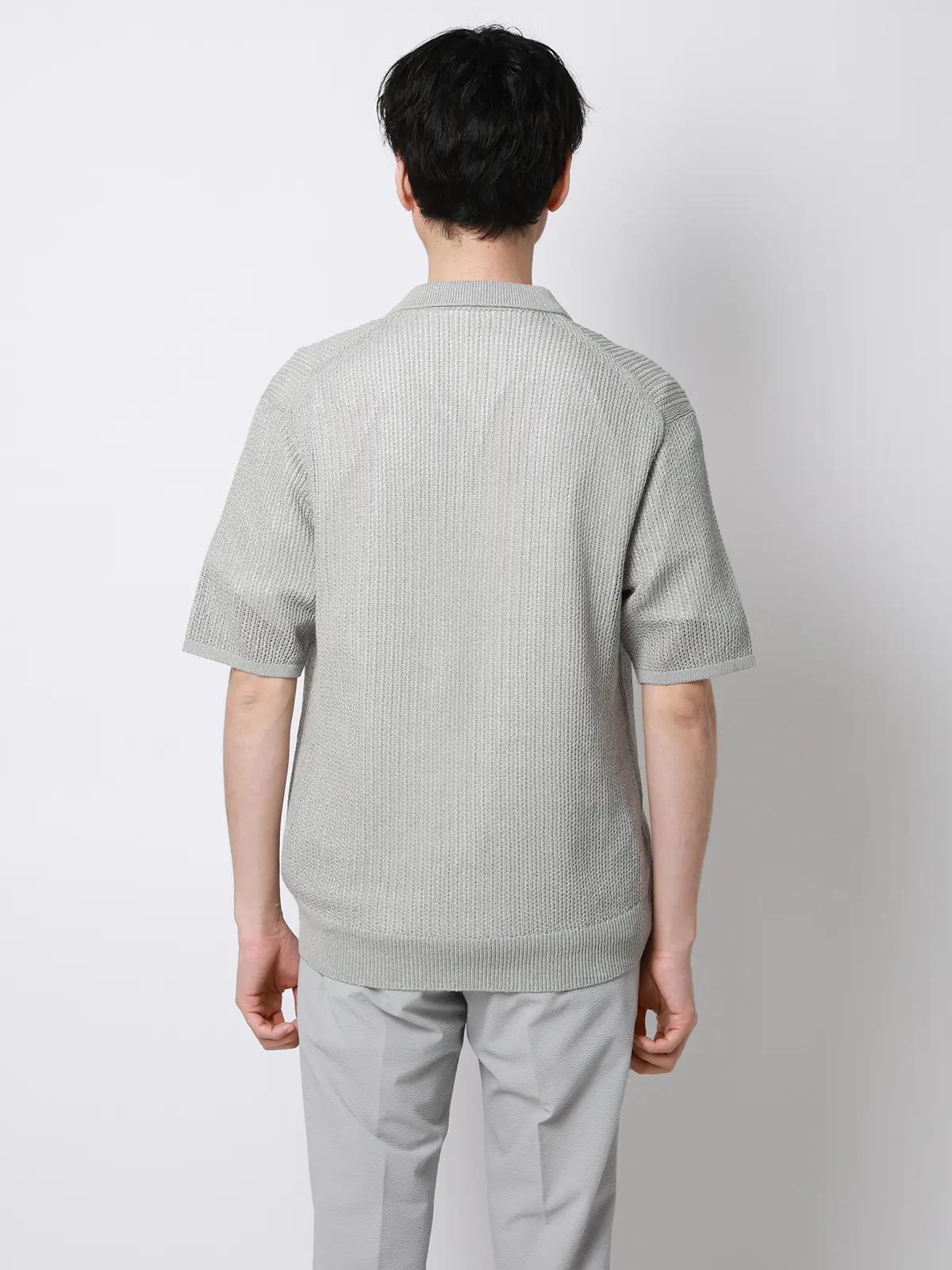 FLAT／シアーサマーニットポロ／半袖／ウォッシャブル／ペーパーニット／無地 ライトグレー S