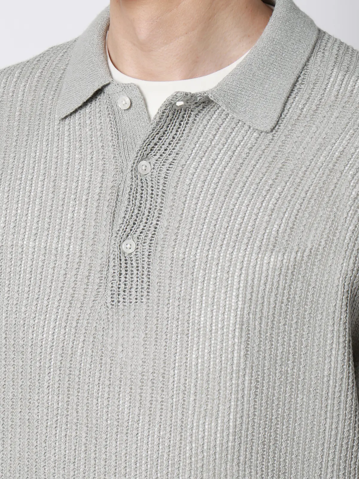 FLAT／シアーサマーニットポロ／半袖／ウォッシャブル／ペーパーニット／無地 ライトグレー S