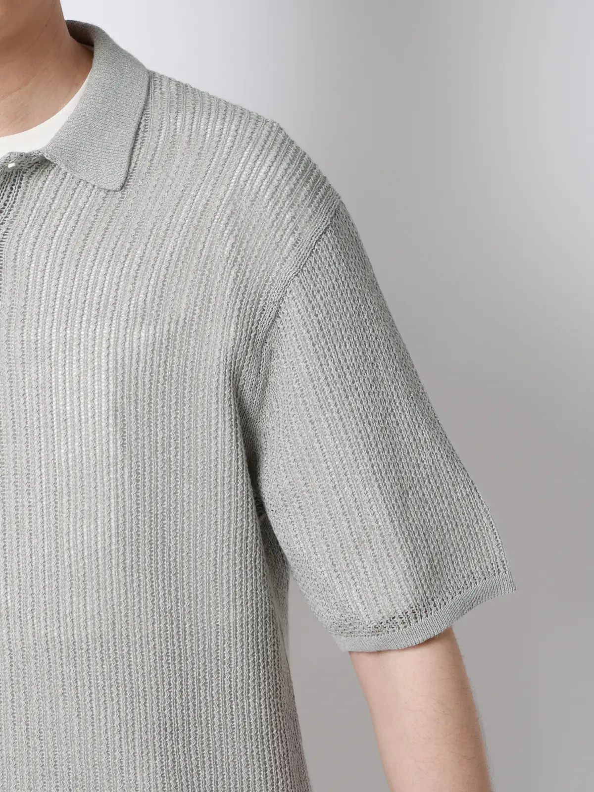 FLAT／シアーサマーニットポロ／半袖／ウォッシャブル／ペーパーニット／無地 ライトグレー S