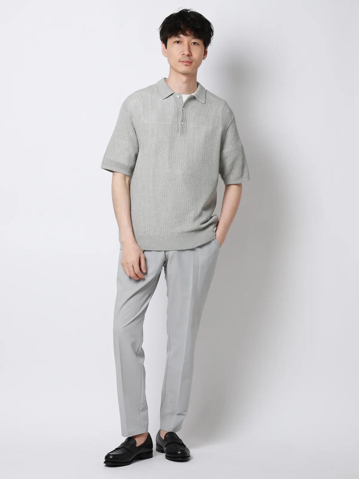 FLAT／シアーサマーニットポロ／半袖／ウォッシャブル／ペーパーニット／無地 ライトグレー S