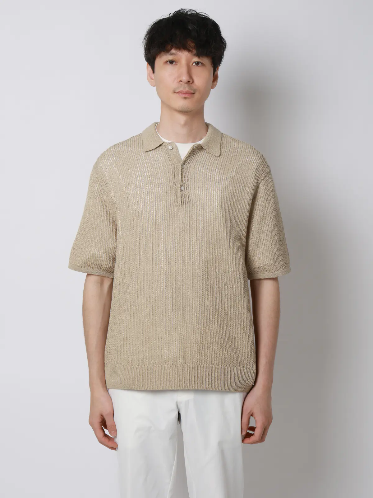FLAT/シアーサマーニットポロ/半袖/ウォッシャブル/ペーパーニット/無地 ベージュ S