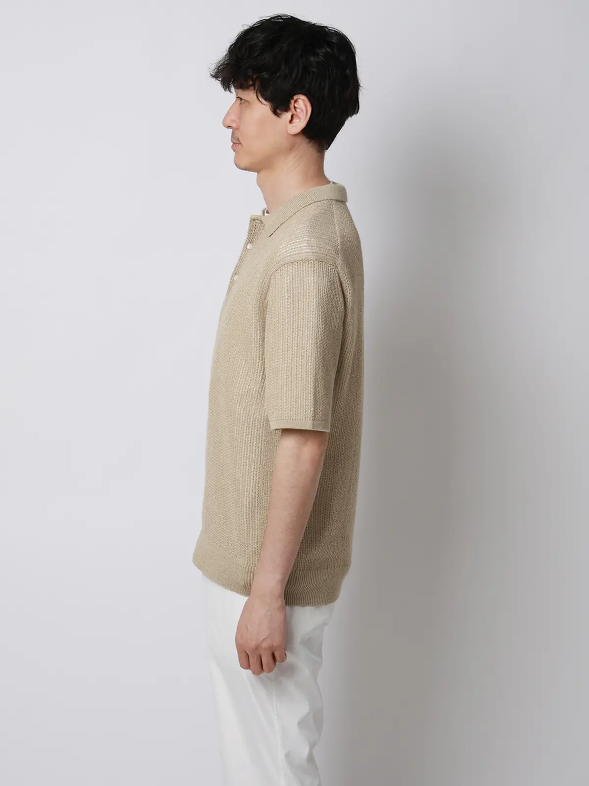 FLAT/シアーサマーニットポロ/半袖/ウォッシャブル/ペーパーニット/無地 ベージュ S