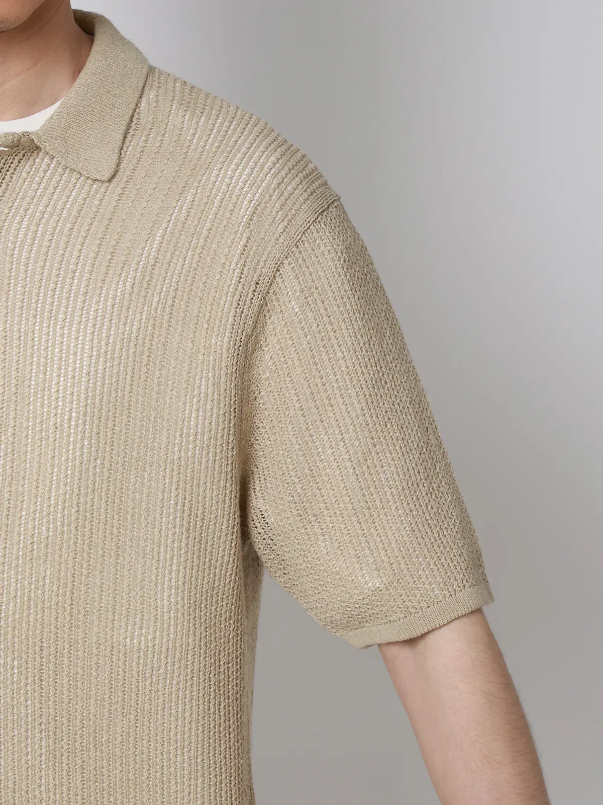 FLAT/シアーサマーニットポロ/半袖/ウォッシャブル/ペーパーニット/無地 ベージュ S