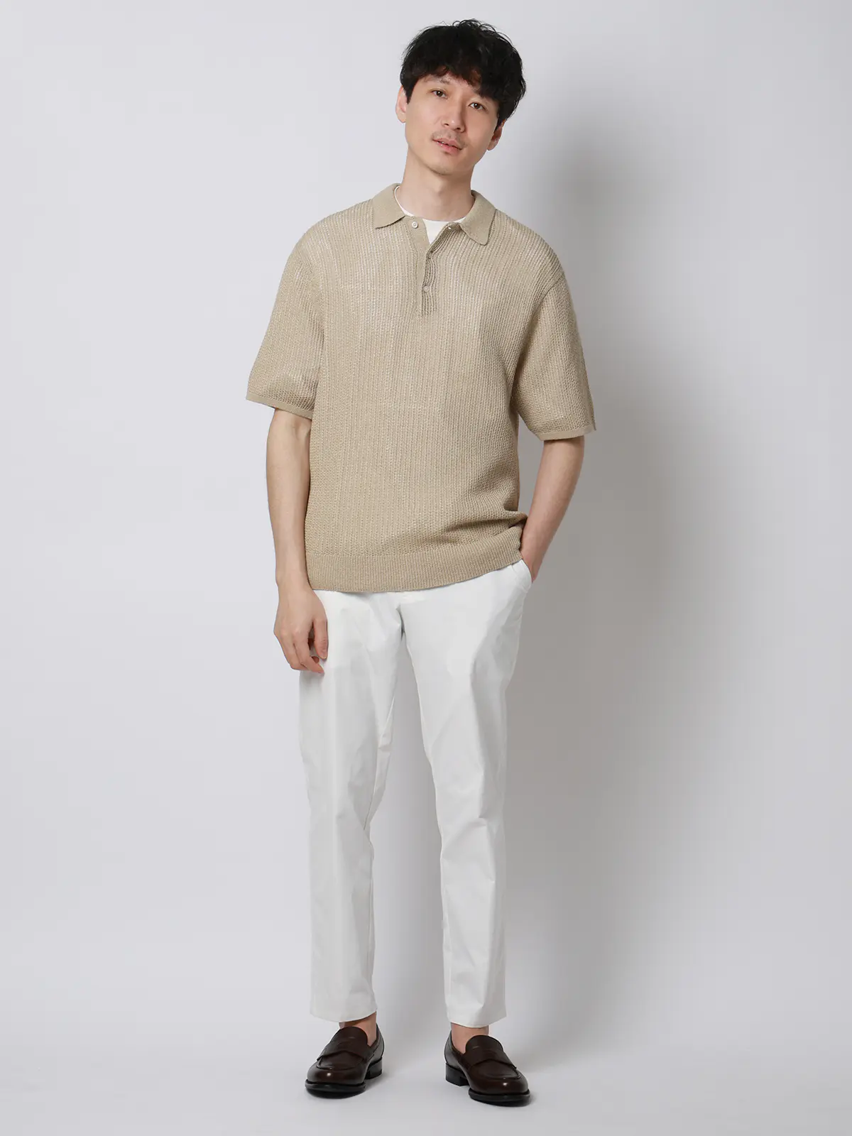 FLAT/シアーサマーニットポロ/半袖/ウォッシャブル/ペーパーニット/無地 ベージュ S