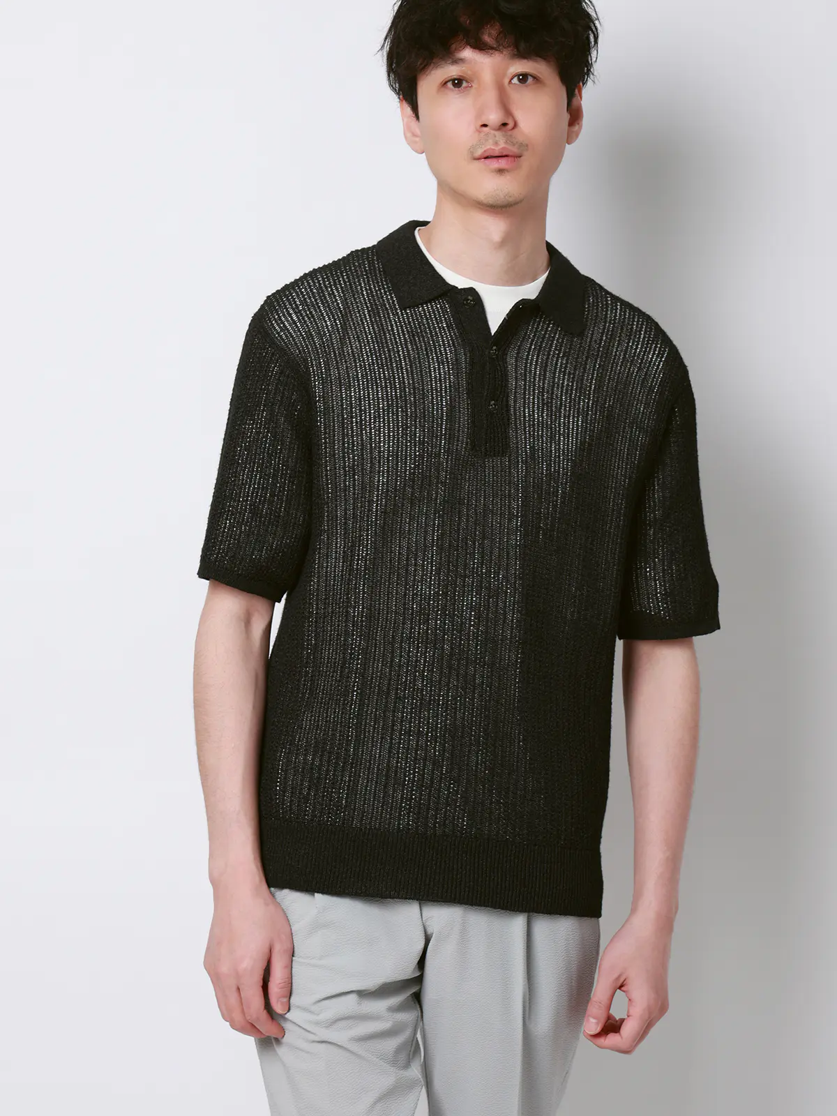 FLAT／シアーサマーニットポロ／半袖／ウォッシャブル／ペーパーニット／無地 ブラック S