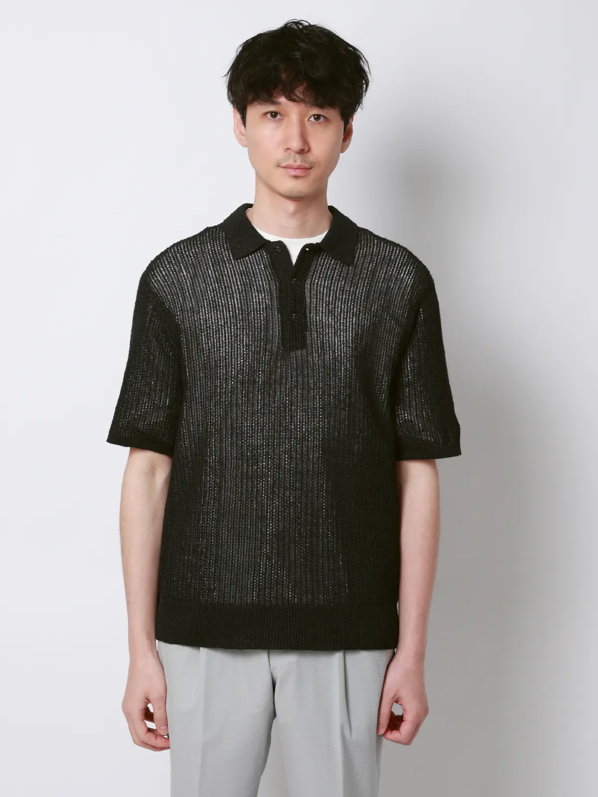 FLAT／シアーサマーニットポロ／半袖／ウォッシャブル／ペーパーニット／無地 ブラック S