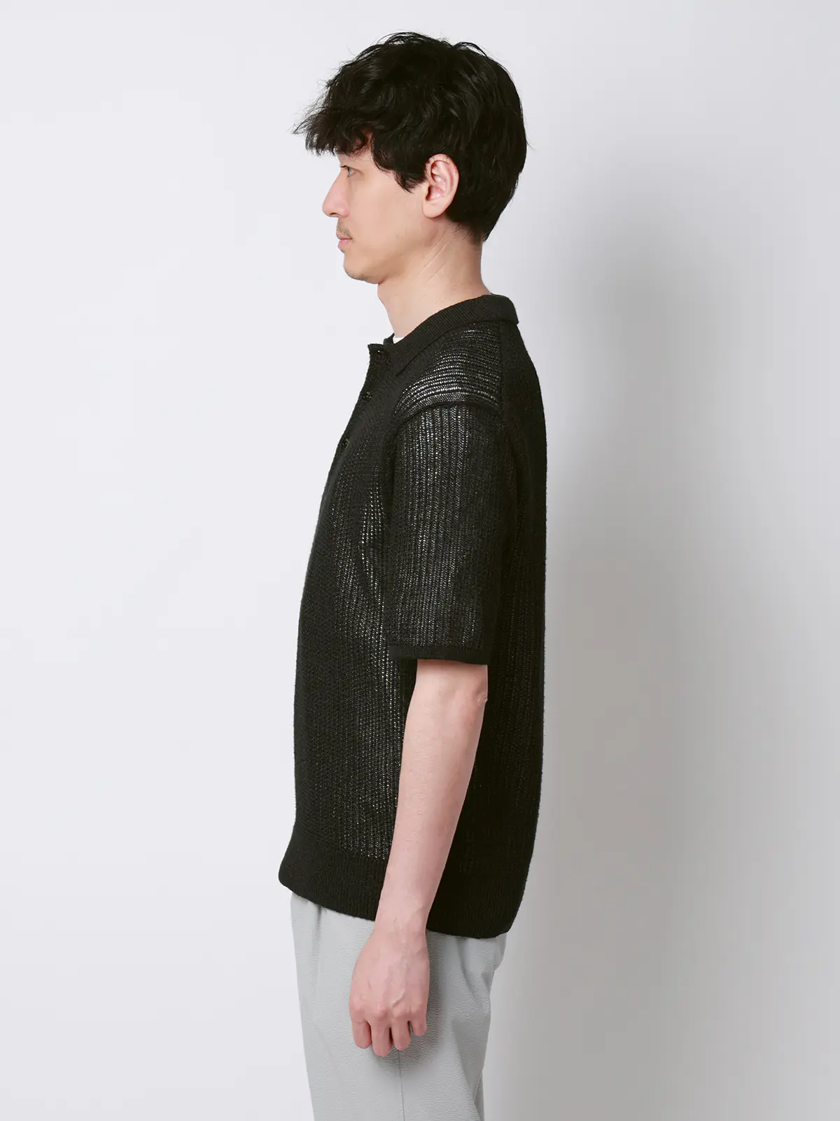 FLAT／シアーサマーニットポロ／半袖／ウォッシャブル／ペーパーニット／無地 ブラック S