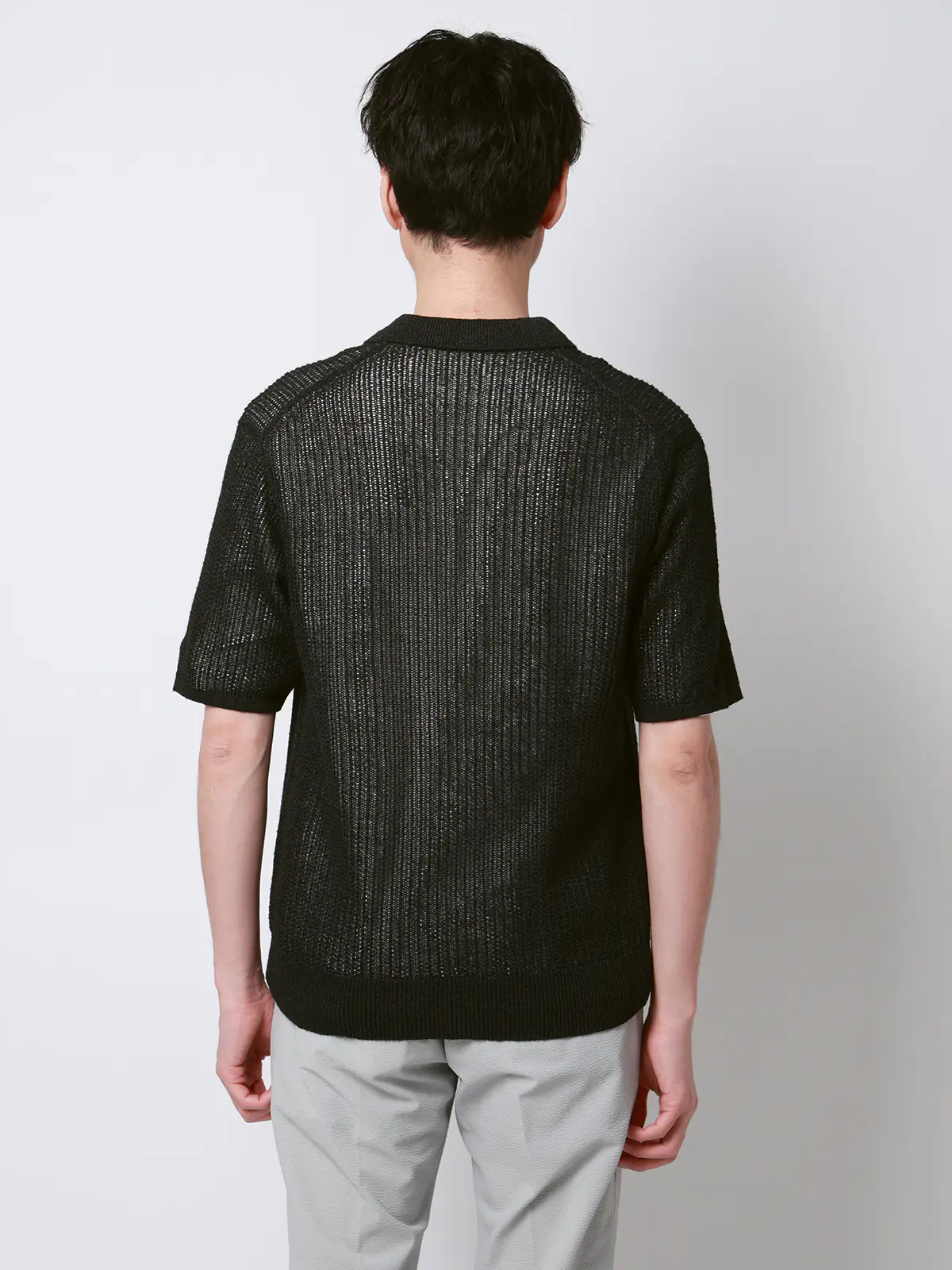 FLAT／シアーサマーニットポロ／半袖／ウォッシャブル／ペーパーニット／無地 ブラック S