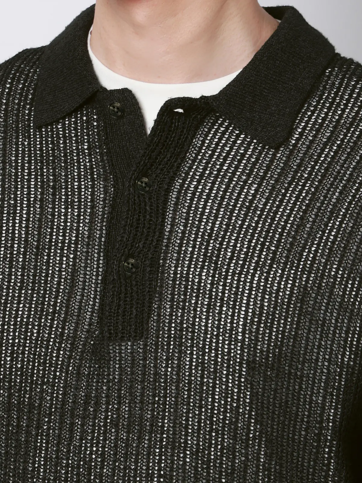 FLAT／シアーサマーニットポロ／半袖／ウォッシャブル／ペーパーニット／無地 ブラック S