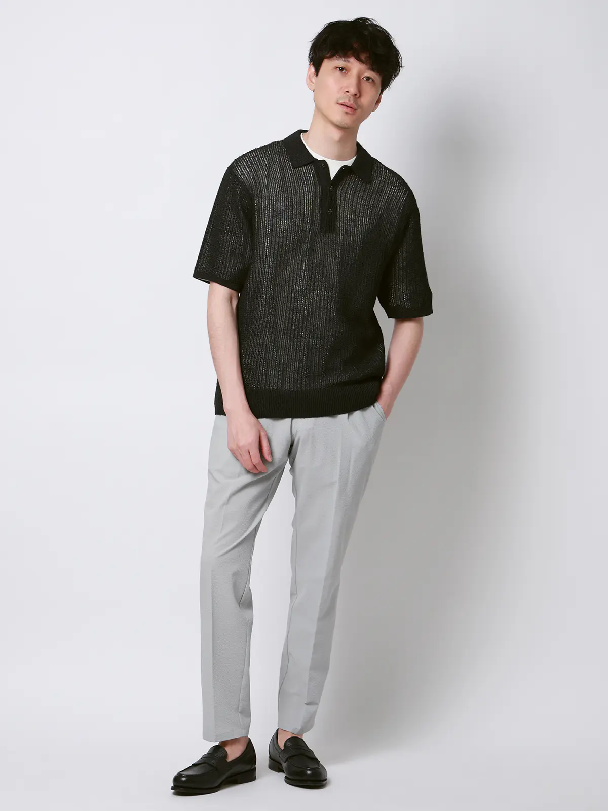 FLAT／シアーサマーニットポロ／半袖／ウォッシャブル／ペーパーニット／無地 ブラック S