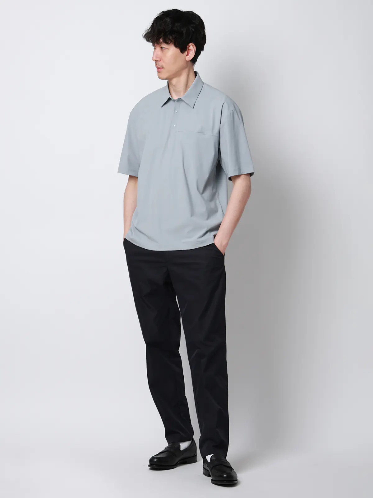 FLAT／ポロシャツ／半袖／接触冷感／ナイロンスムース／無地 サックス S