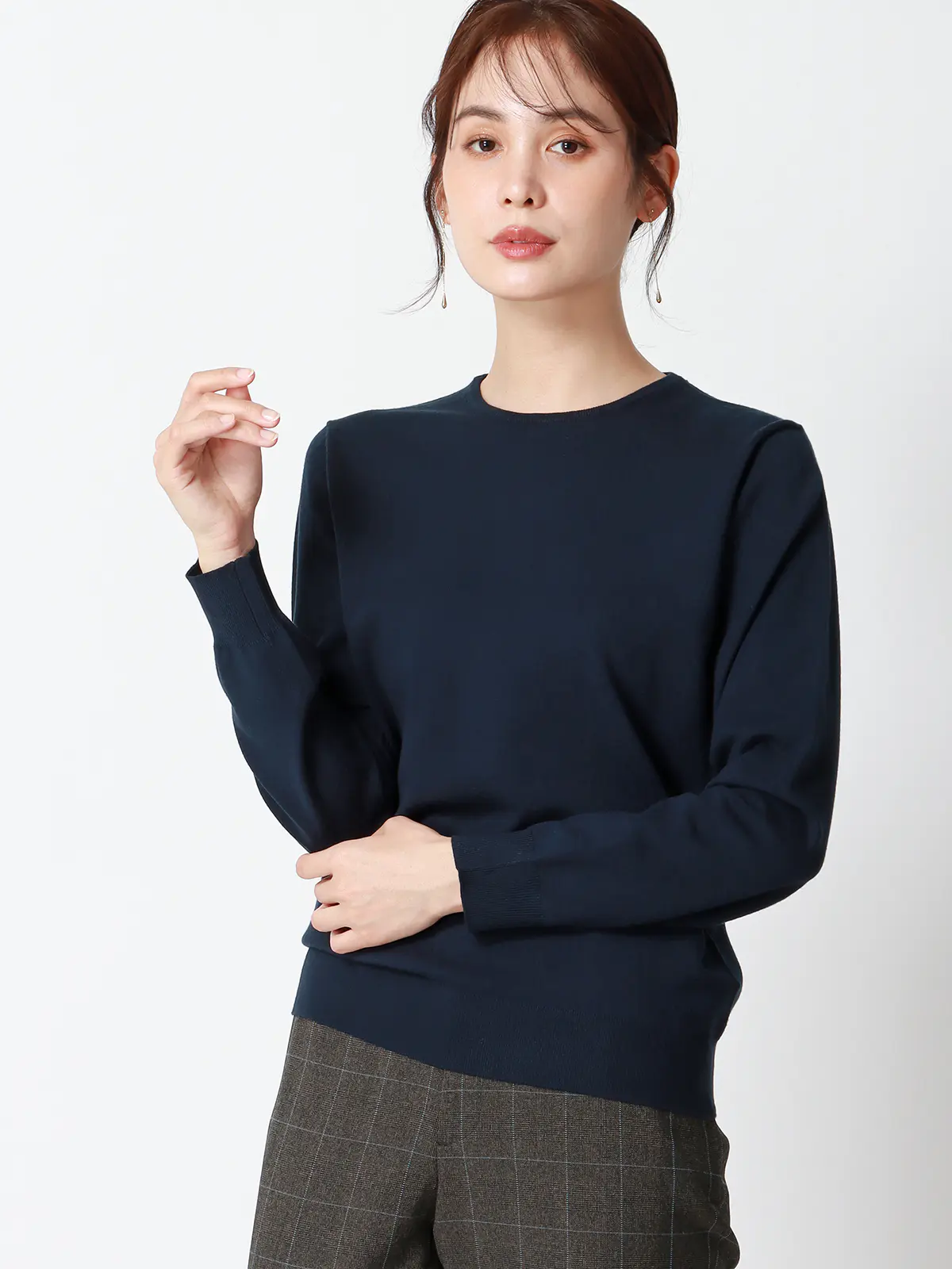 クルーネックプルオーバーニット/長袖/ウォッシャブル/レーヨンストレッチ天竺/無地 ネイビー 38(9号)