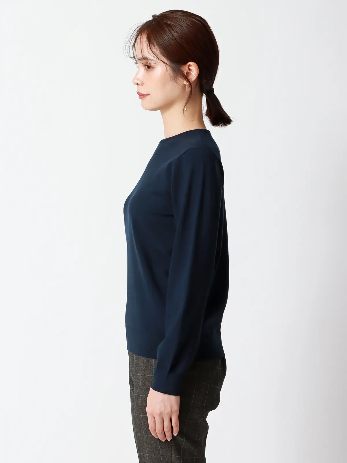 クルーネックプルオーバーニット/長袖/ウォッシャブル/レーヨンストレッチ天竺/無地 ネイビー 38(9号)