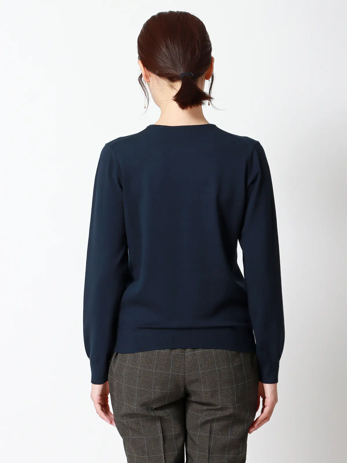 クルーネックプルオーバーニット/長袖/ウォッシャブル/レーヨンストレッチ天竺/無地 ネイビー 38(9号)
