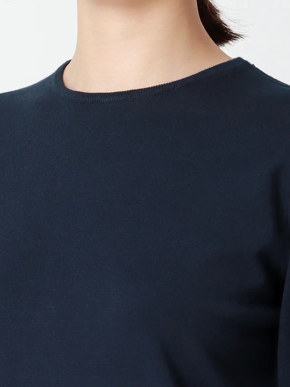 クルーネックプルオーバーニット/長袖/ウォッシャブル/レーヨンストレッチ天竺/無地 ネイビー 38(9号)