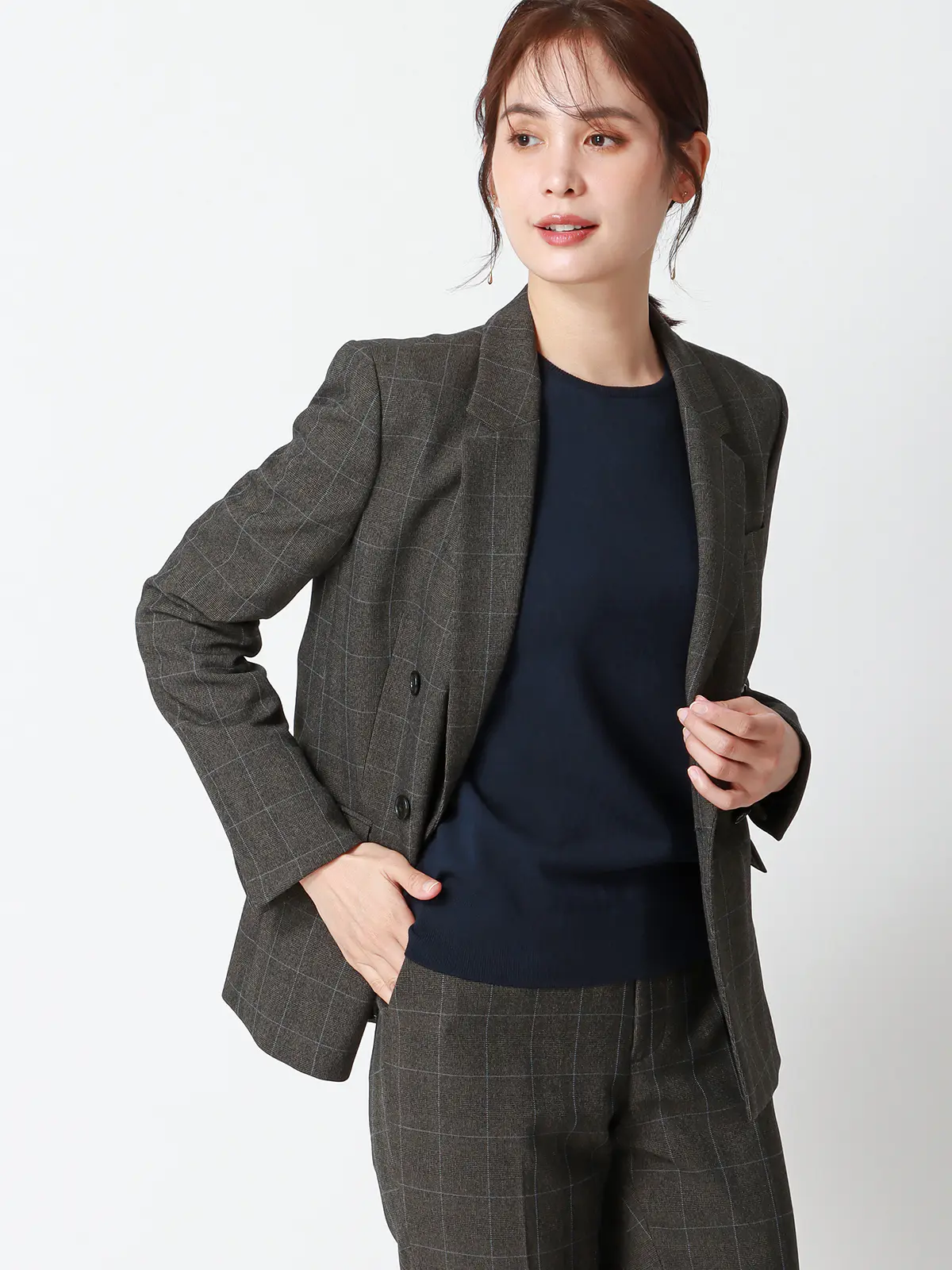 クルーネックプルオーバーニット/長袖/ウォッシャブル/レーヨンストレッチ天竺/無地 ネイビー 38(9号)