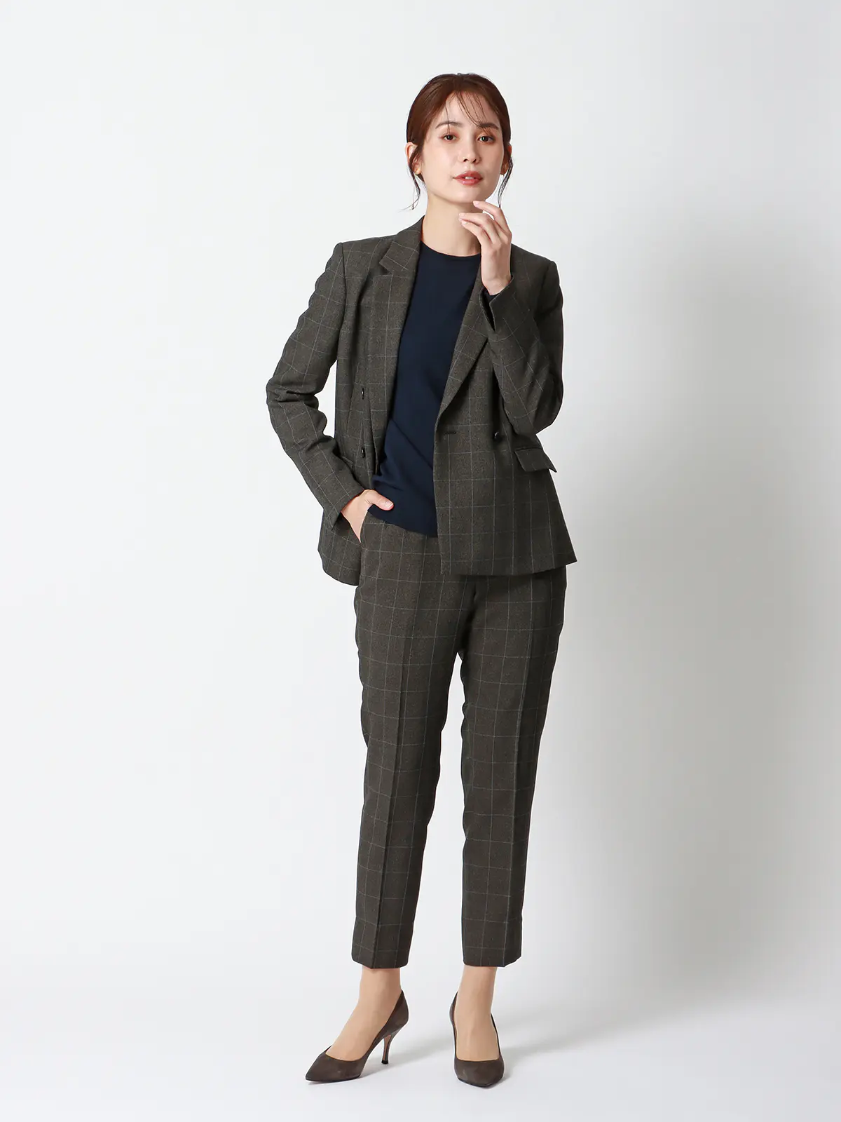 クルーネックプルオーバーニット/長袖/ウォッシャブル/レーヨンストレッチ天竺/無地 ネイビー 38(9号)