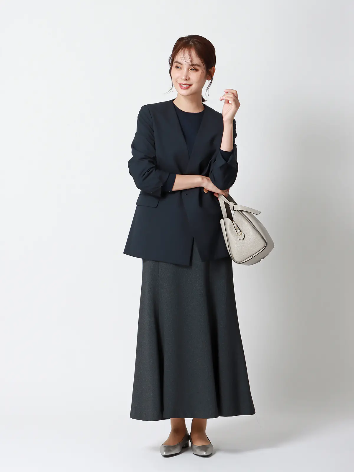 クルーネックプルオーバーニット/長袖/ウォッシャブル/レーヨンストレッチ天竺/無地 ネイビー 38(9号)