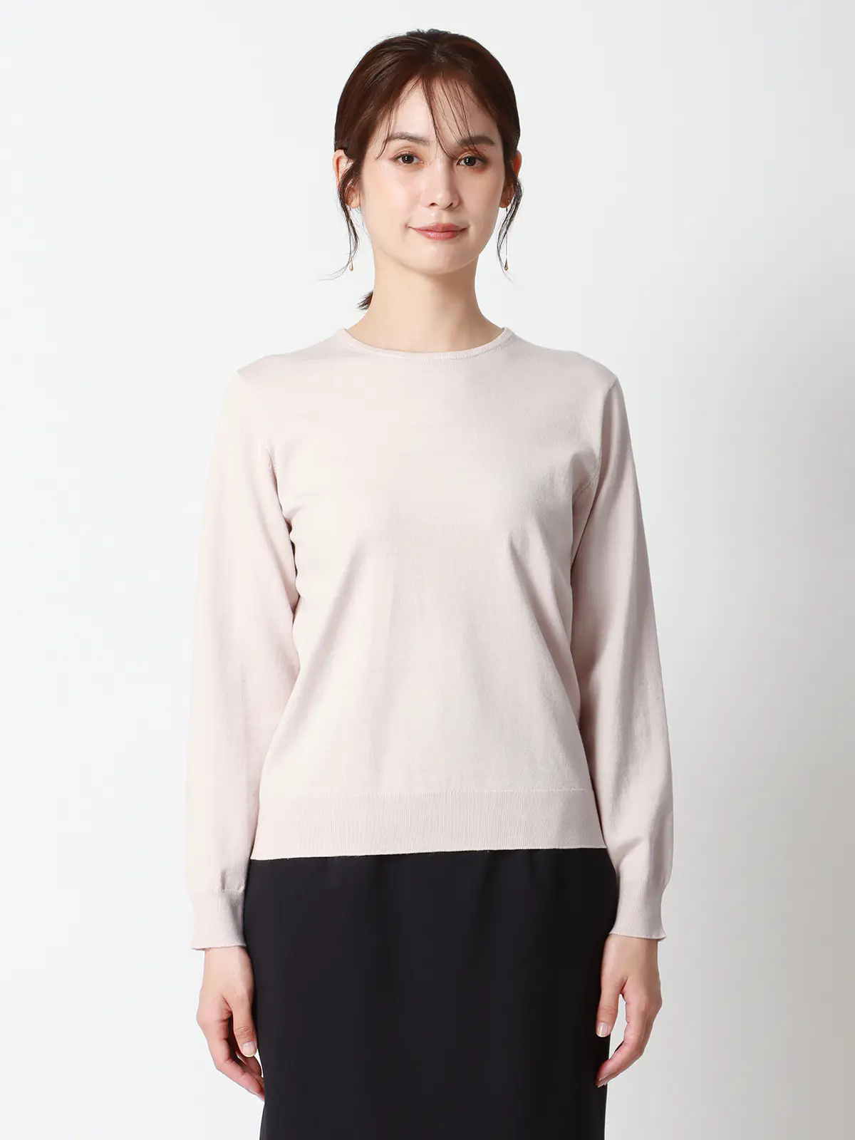 クルーネックプルオーバーニット/長袖/ウォッシャブル/レーヨンストレッチ天竺/無地 ベージュ 38(9号)