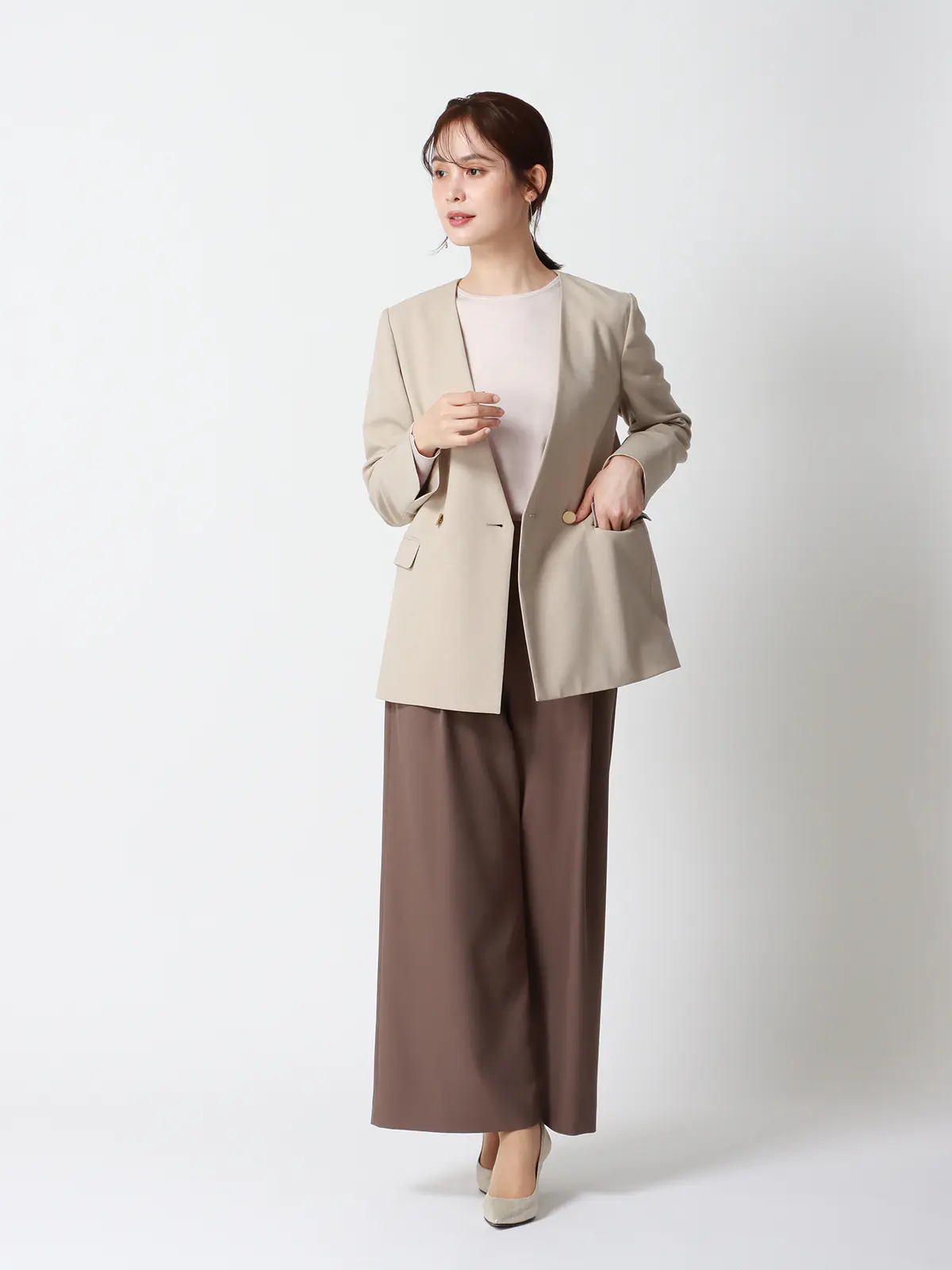 クルーネックプルオーバーニット/長袖/ウォッシャブル/レーヨンストレッチ天竺/無地 ベージュ 38(9号)