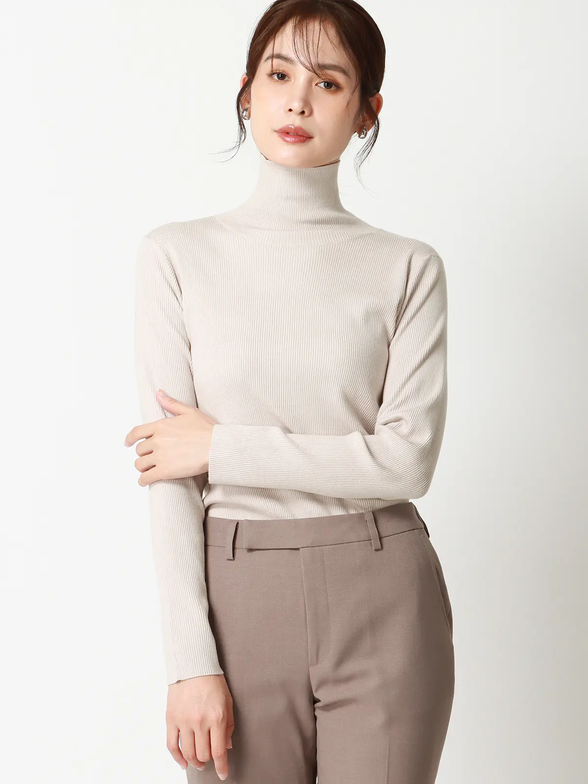 ハイネックリブニット／長袖／ウォッシャブル／強撚レーヨンポリエステル／無地 グレー 38(9号）