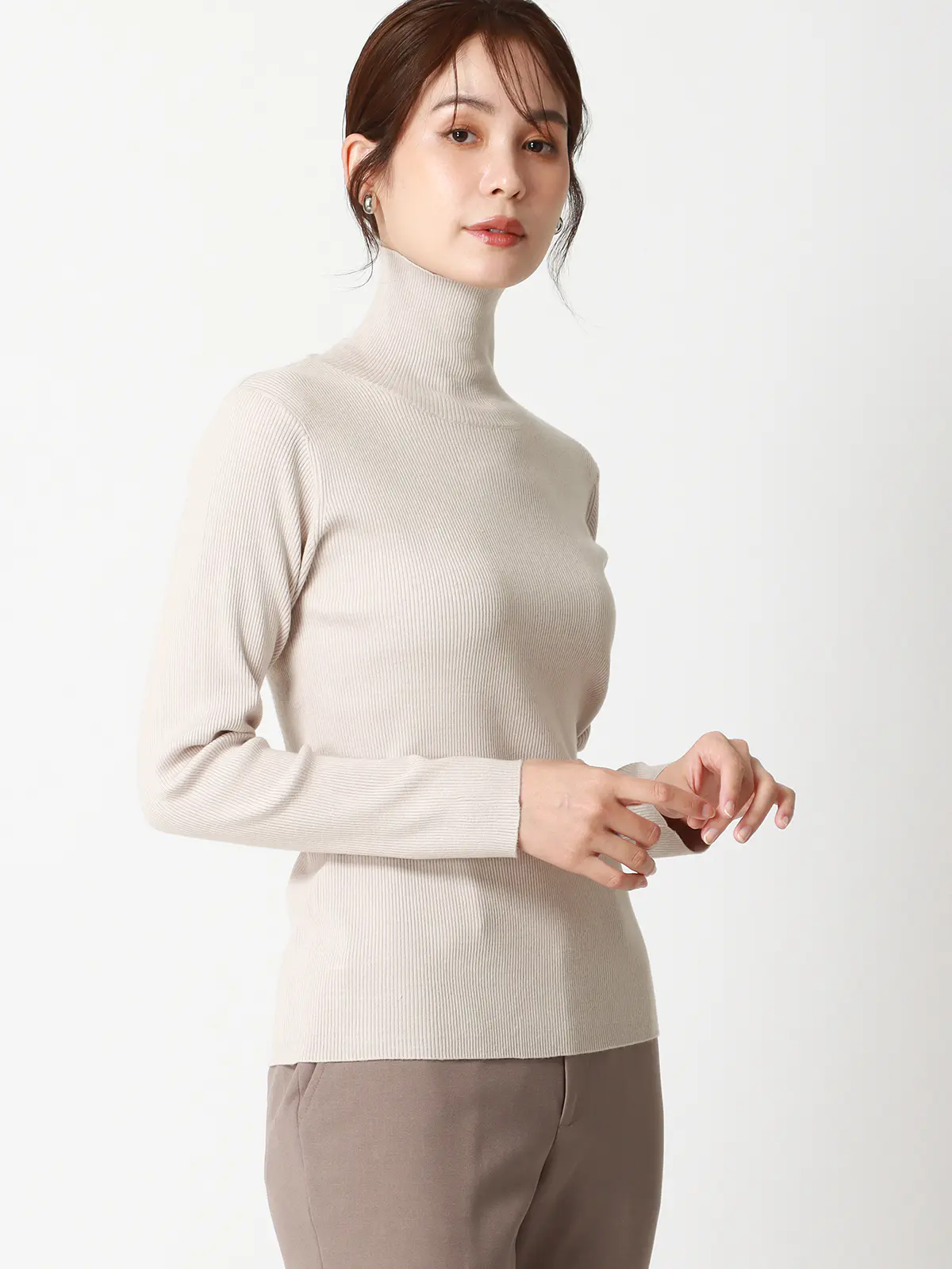 ハイネックリブニット／長袖／ウォッシャブル／強撚レーヨンポリエステル／無地 グレー 38(9号）