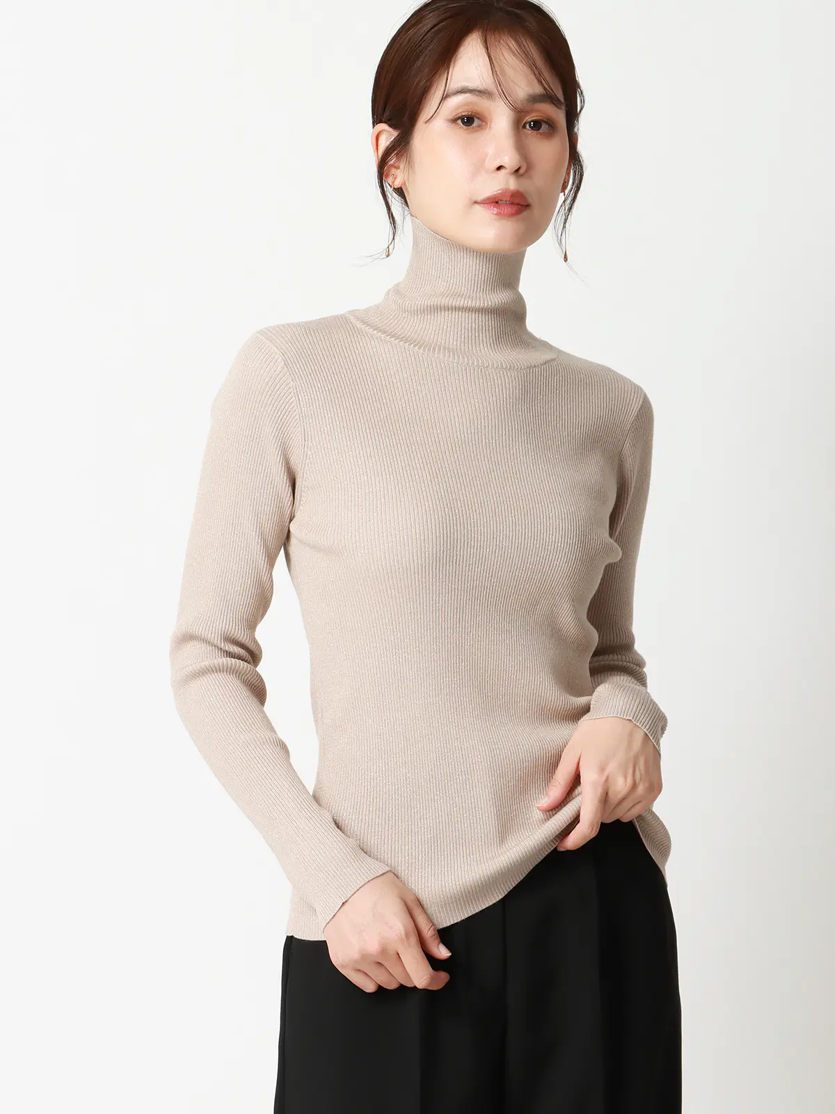 ハイネックラメリブニット／長袖／ウォッシャブル／強撚レーヨンポリエステル／無地 ベージュ 38(9号）