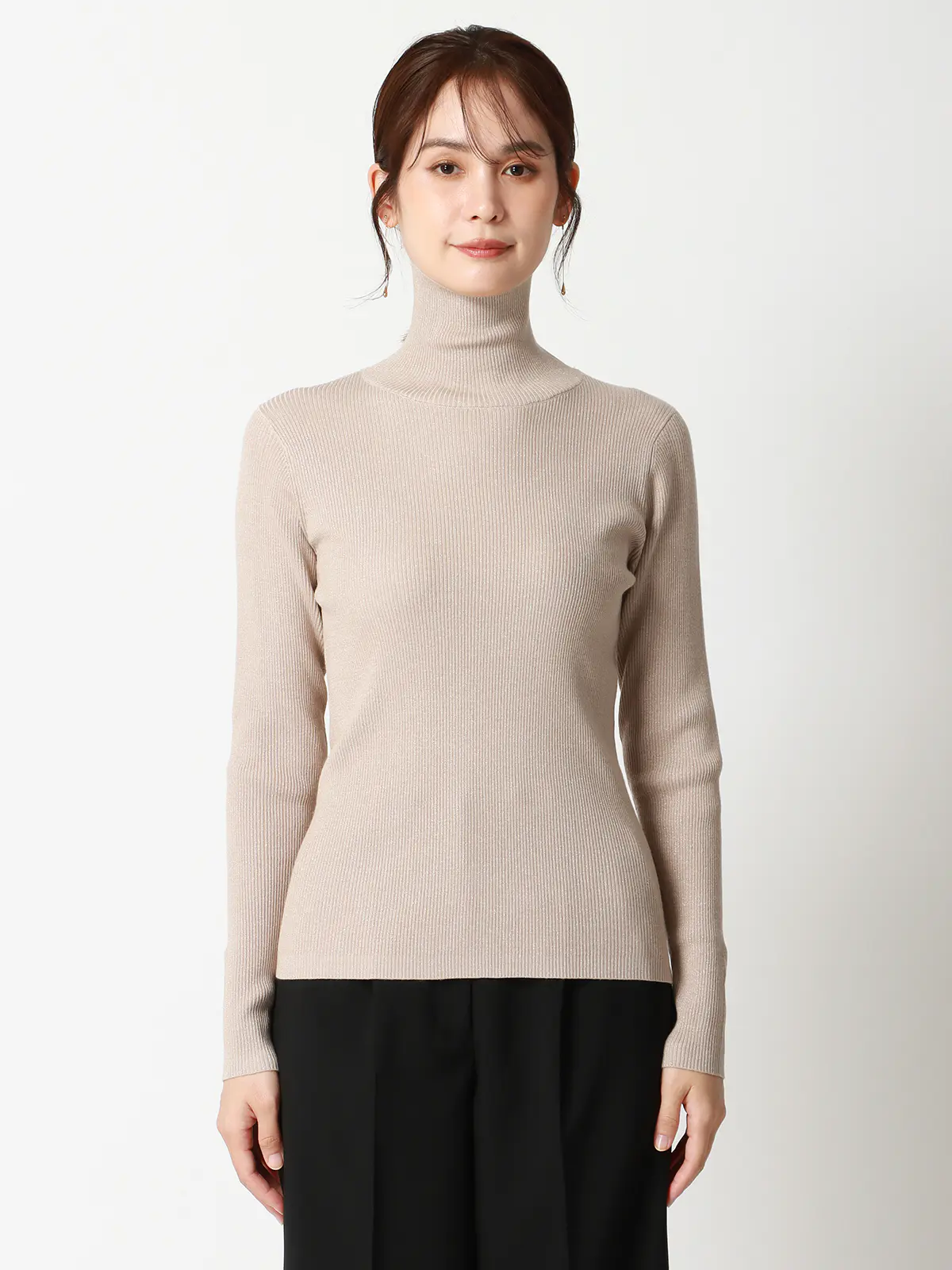 ハイネックラメリブニット／長袖／ウォッシャブル／強撚レーヨンポリエステル／無地 ベージュ 38(9号）