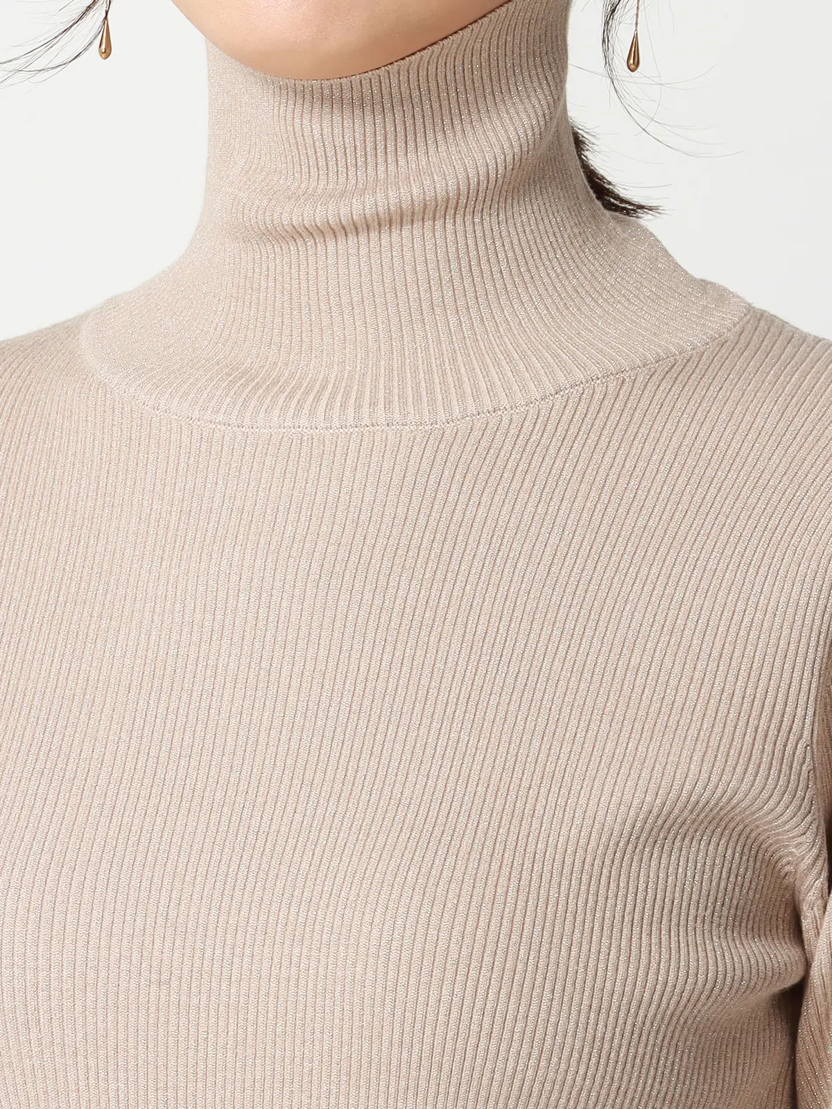 ハイネックラメリブニット／長袖／ウォッシャブル／強撚レーヨンポリエステル／無地 ベージュ 38(9号）
