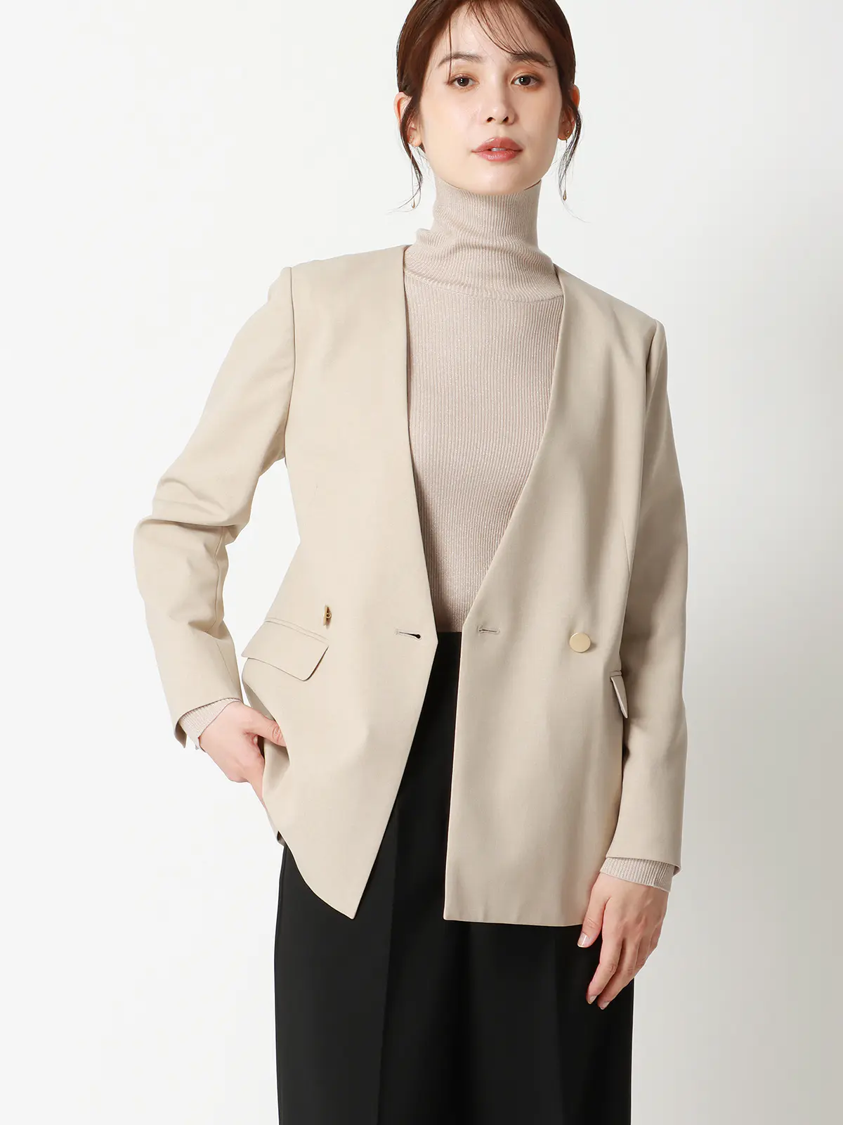 ハイネックラメリブニット／長袖／ウォッシャブル／強撚レーヨンポリエステル／無地 ベージュ 38(9号）