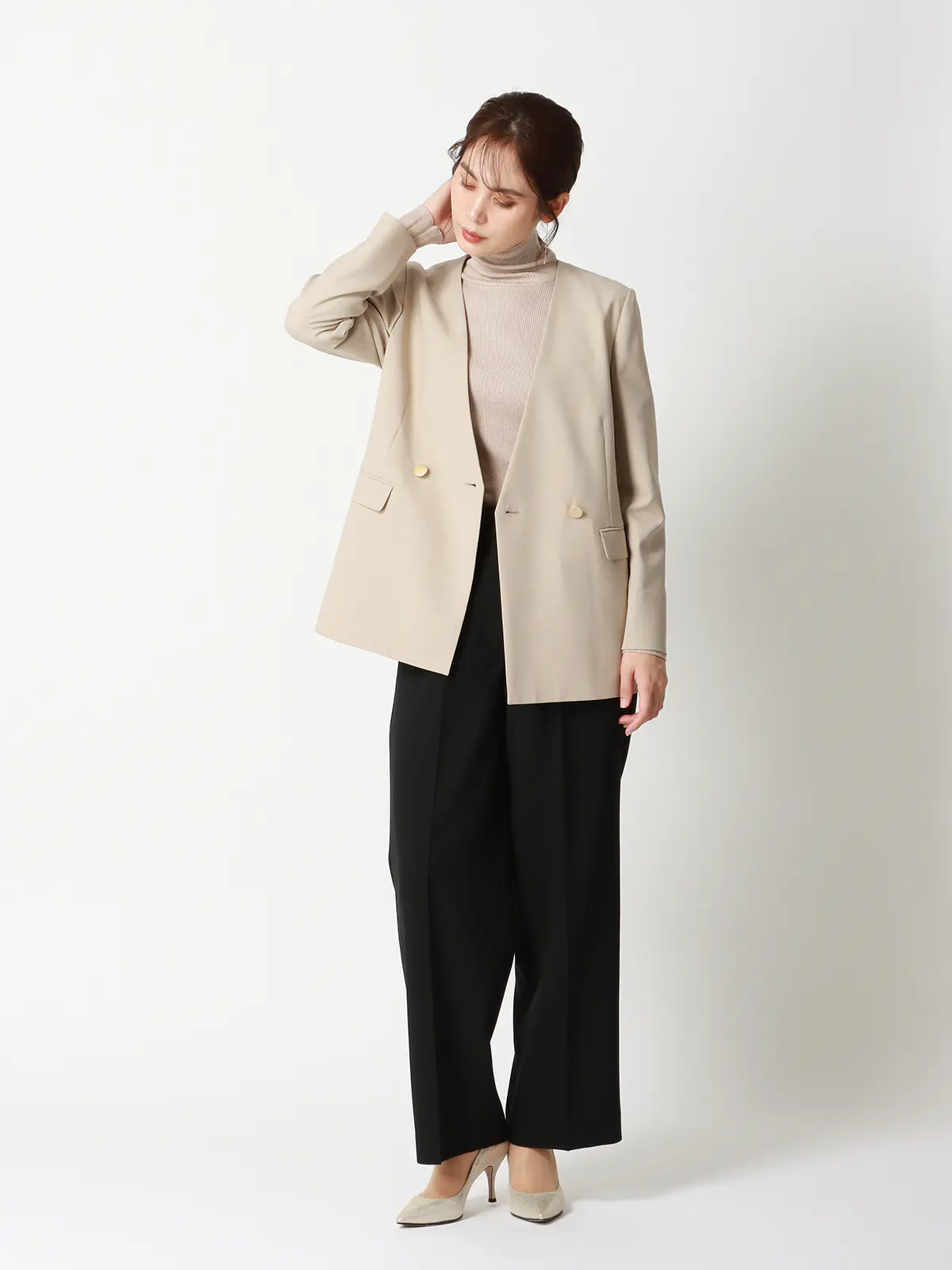 ハイネックラメリブニット／長袖／ウォッシャブル／強撚レーヨンポリエステル／無地 ベージュ 38(9号）