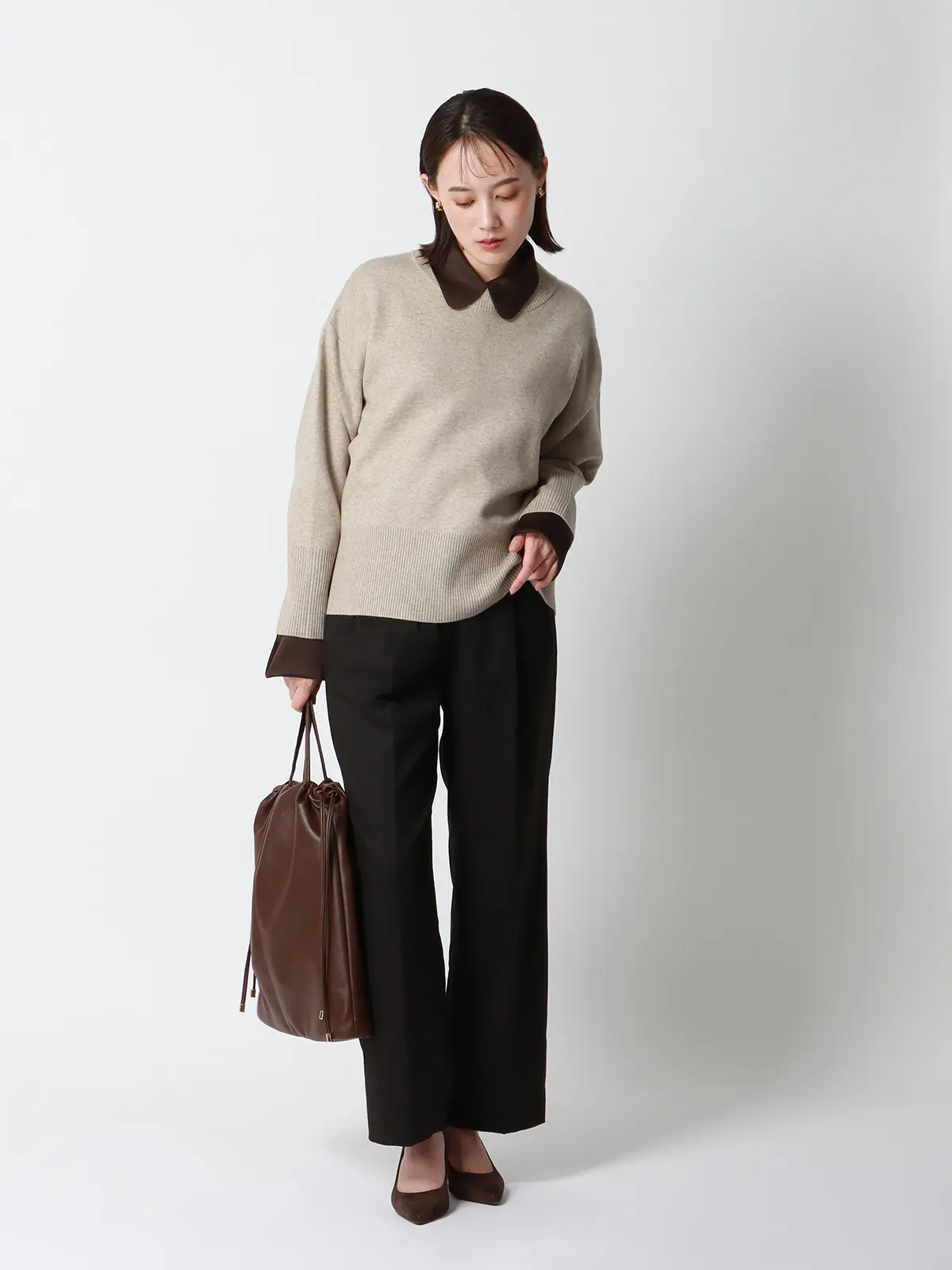 WEB限定/CHANTOWA/コクーンシルエットプルオーバー/長袖/ウォッシャブル/無地 ベージュ 38(9号)