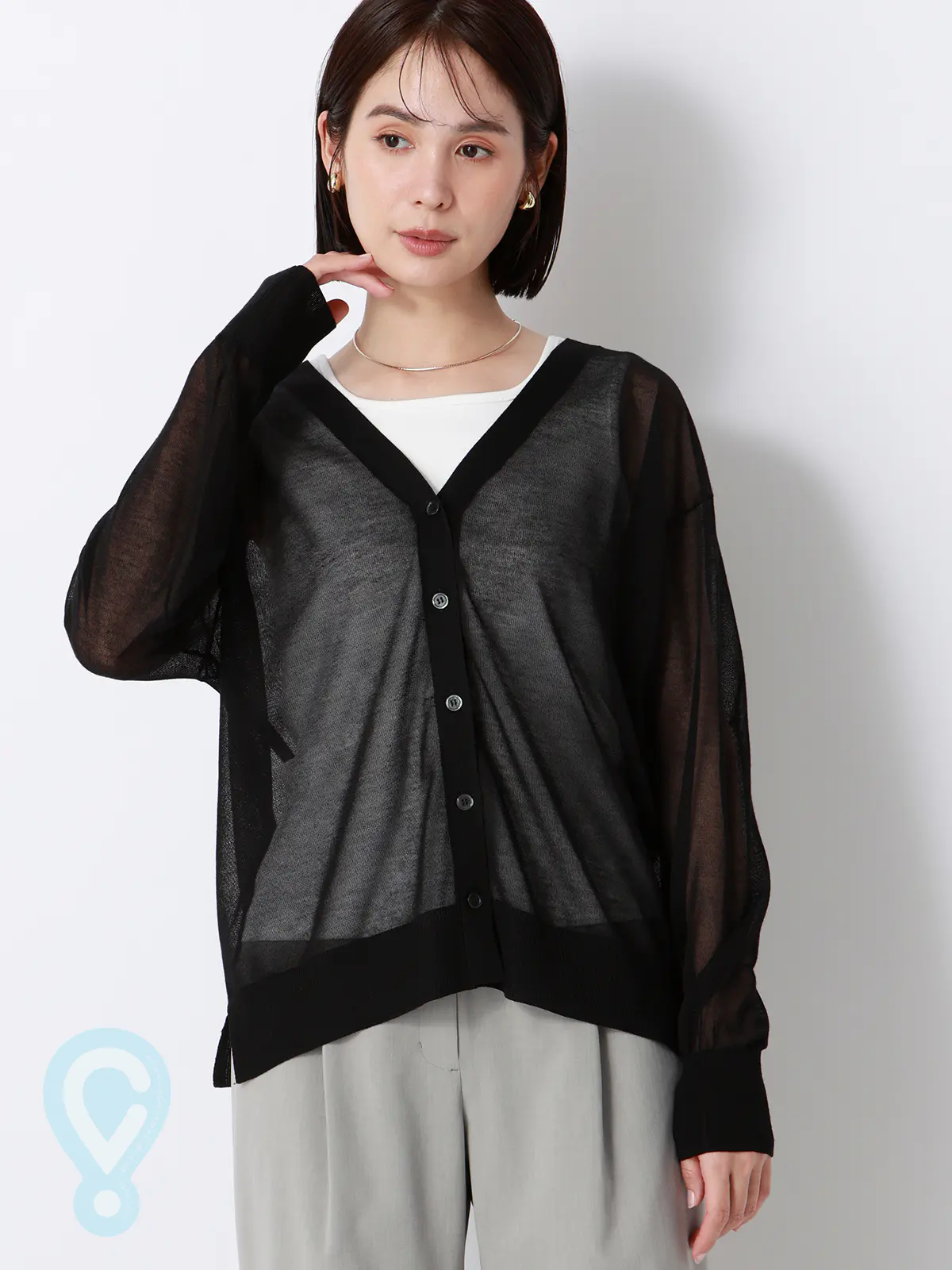 CHANTOWA／シアー2WAYカーディガン／長袖／ウォッシャブル／接触冷感／無地 ブラック 38(9号）