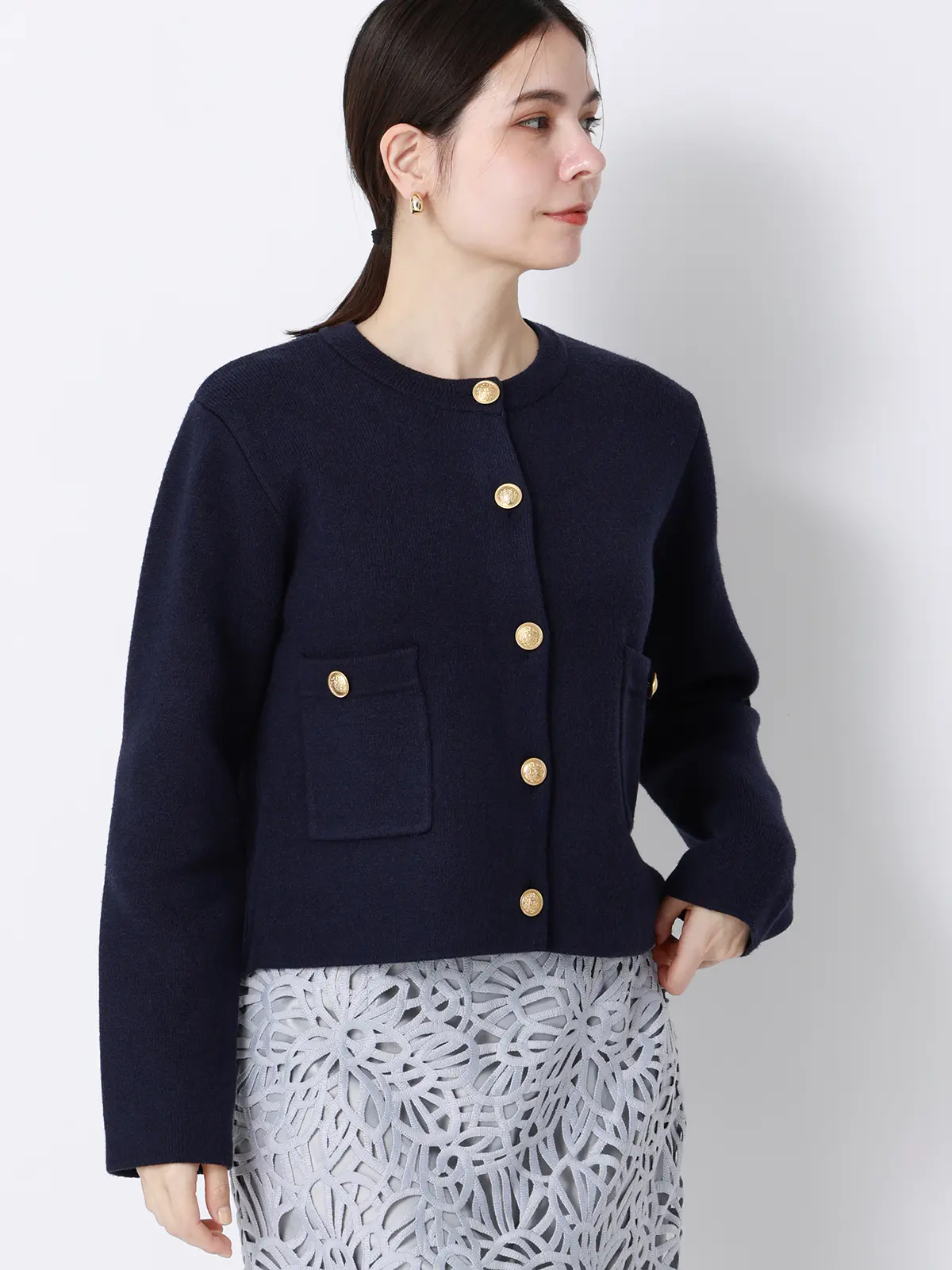 ダブルフェイスニットジャケット/ウォッシャブル/無地/メタルボタン/anysy ネイビー F